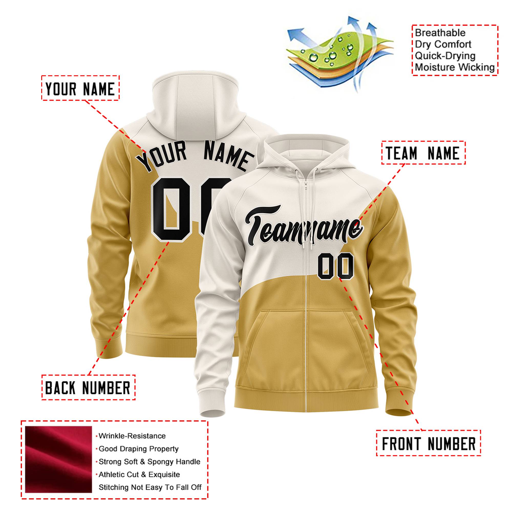 Custom Cream Old Gold Color Block Varsity Full-Zip Letterman Wave Hoodie Jacket