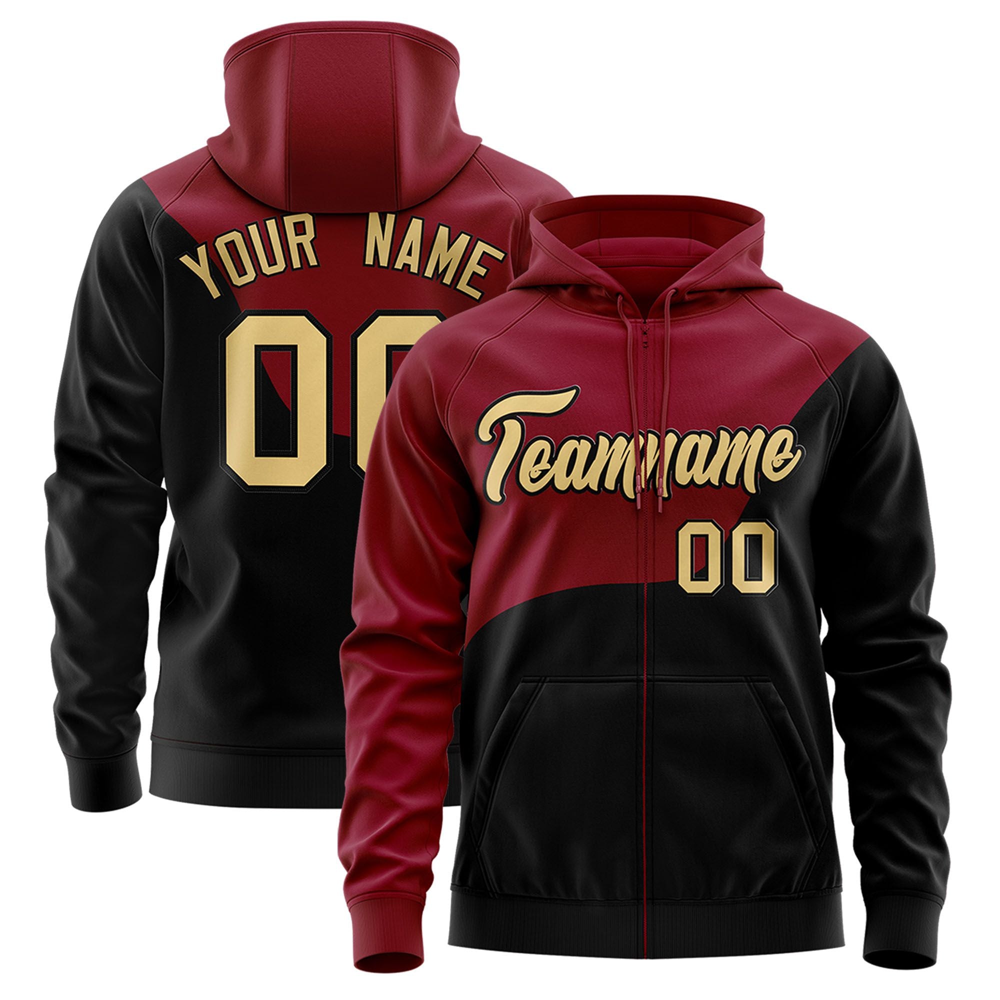 Custom Crimson Black Color Block Varsity Full-Zip Letterman Wave Hoodie Jacket