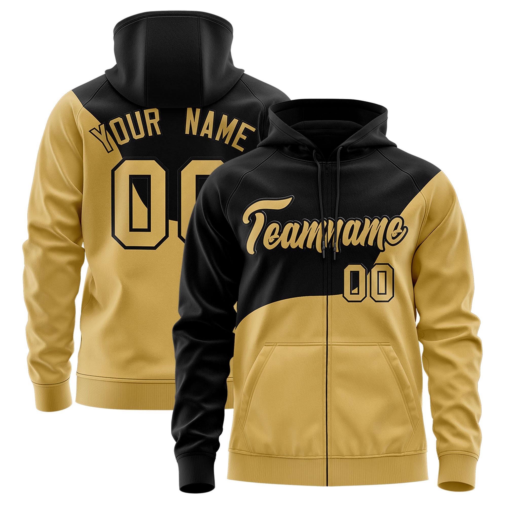 Custom Black Old Gold Color Block Varsity Full-Zip Letterman Wave Hoodie Jacket