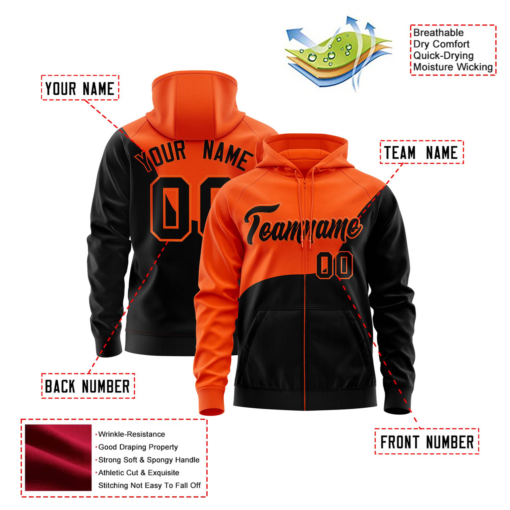 Custom Orange Black Color Block Varsity Full-Zip Letterman Wave Hoodie Jacket