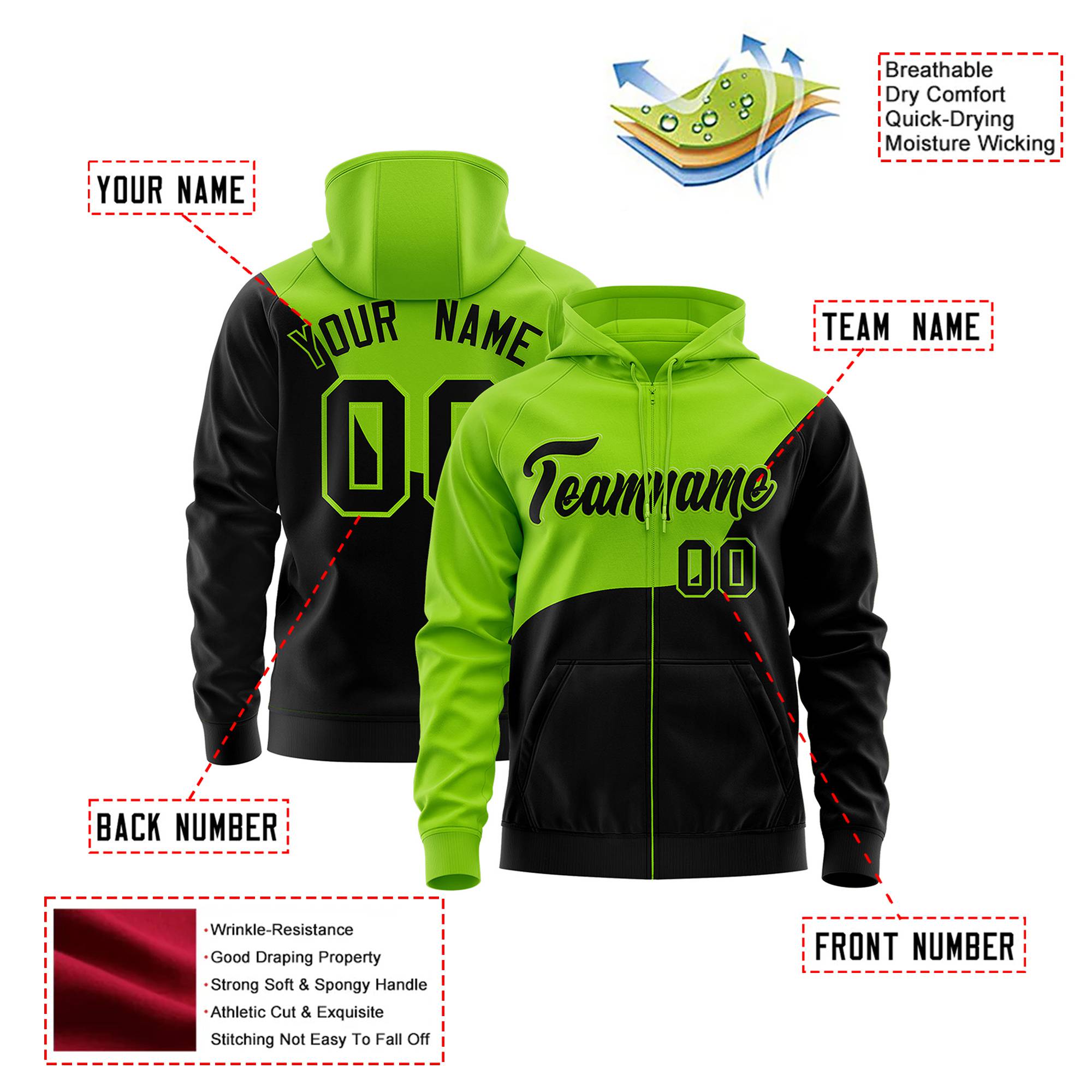 Custom Neon Green Black Color Block Varsity Full-Zip Letterman Wave Hoodie Jacket