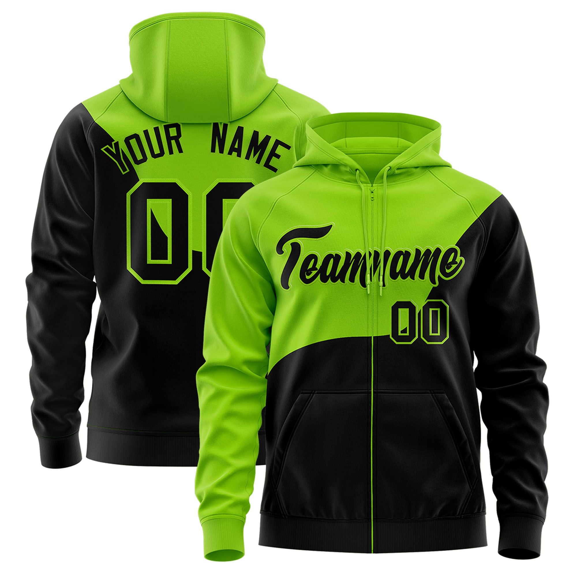 Custom Neon Green Black Color Block Varsity Full-Zip Letterman Wave Hoodie Jacket