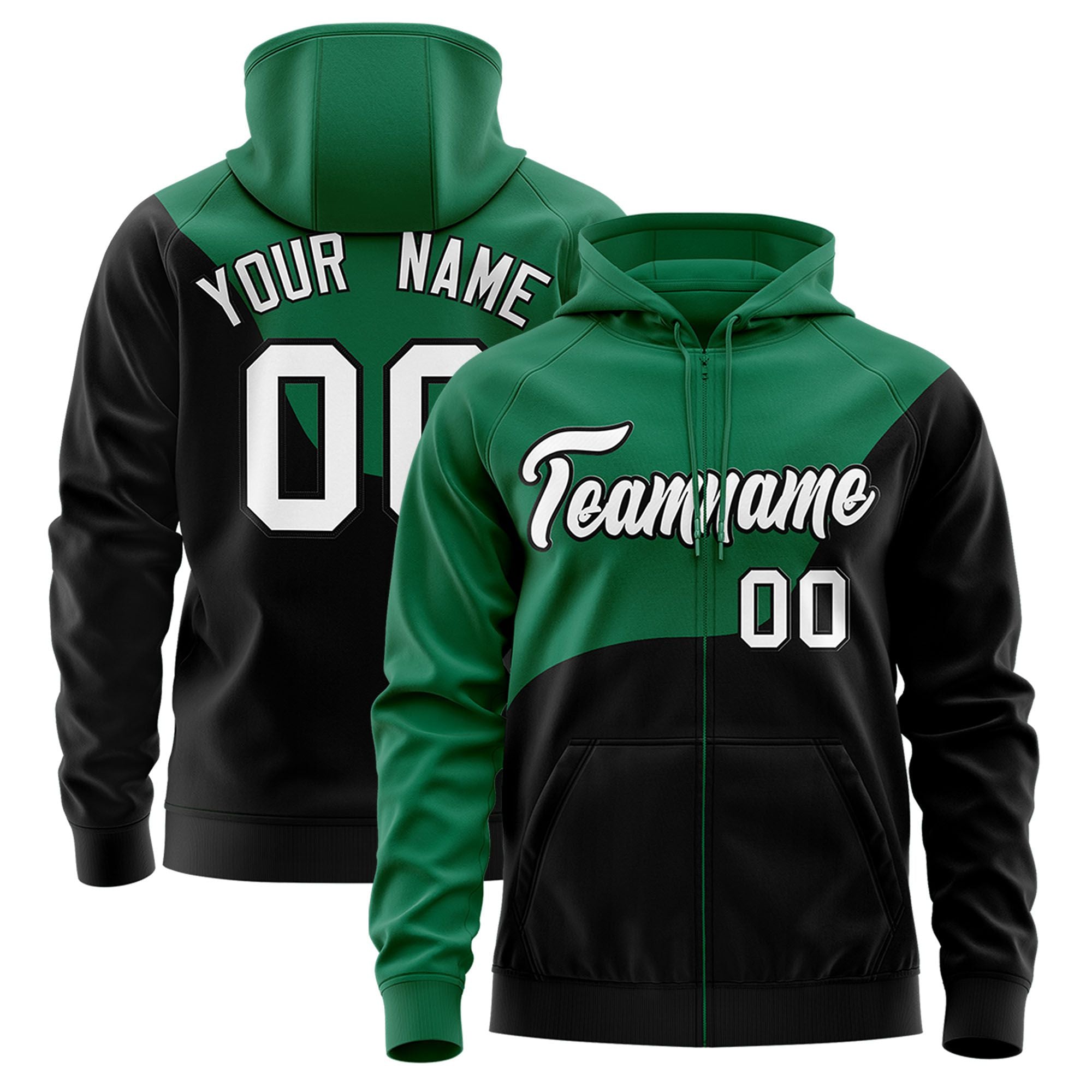 Custom Kelly Green Black Color Block Varsity Full-Zip Letterman Wave Hoodie Jacket