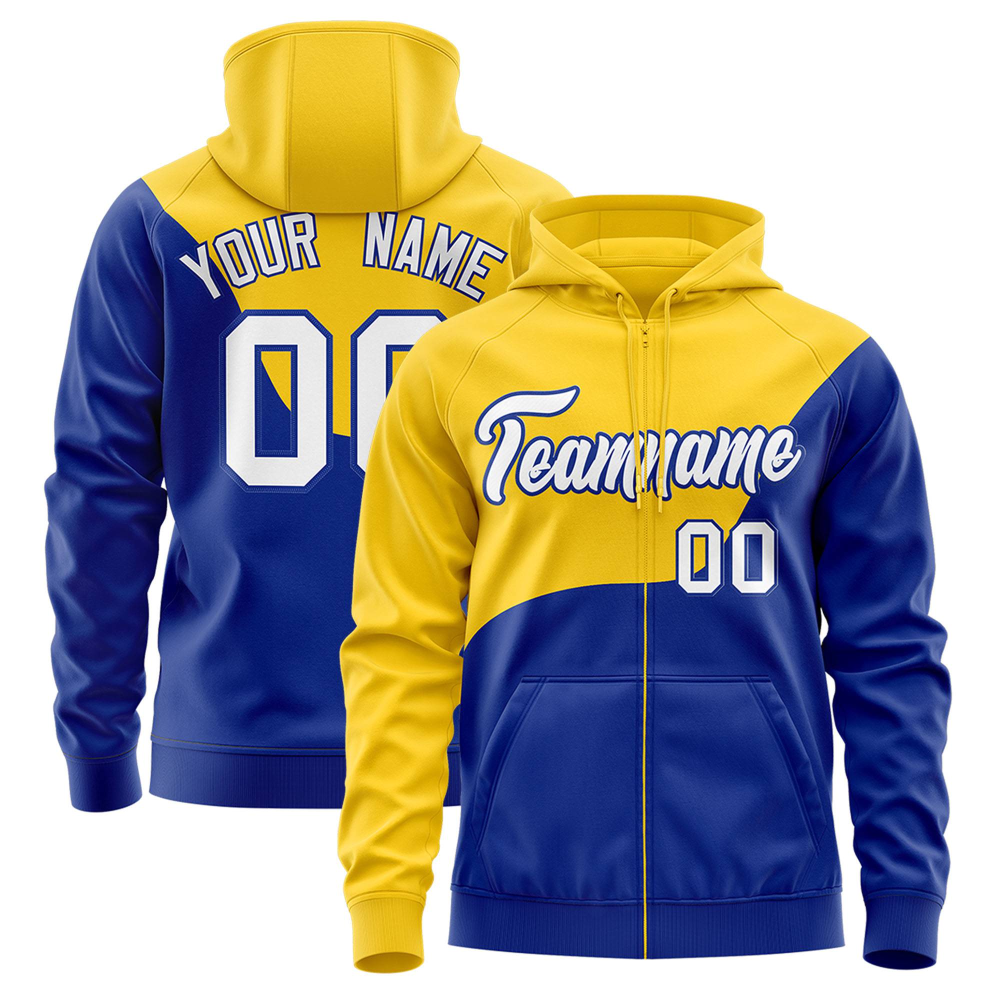 Custom Gold Royal Blue Color Block Varsity Full-Zip Letterman Wave Hoodie Jacket