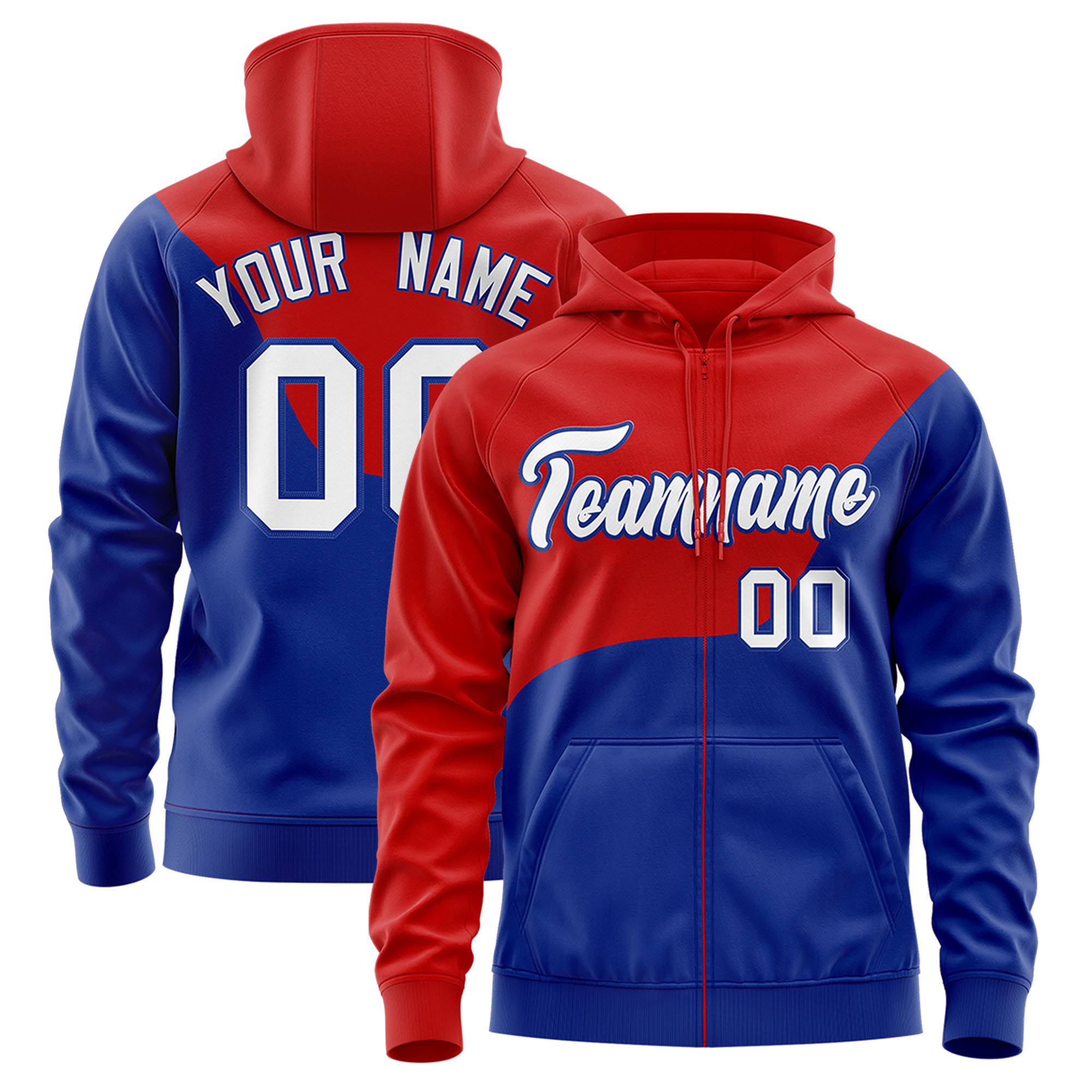 Custom Red Royal Blue Color Block Varsity Full-Zip Letterman Wave Hoodie Jacket