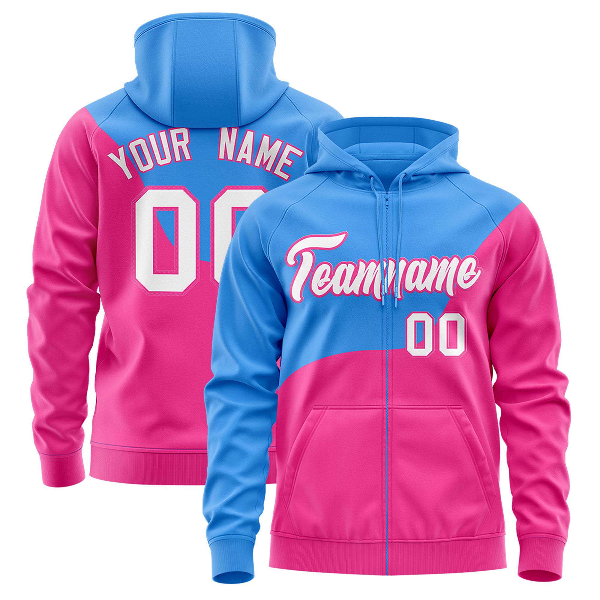 Custom Powder Blue Pink Color Block Varsity Full-Zip Letterman Wave Hoodie Jacket