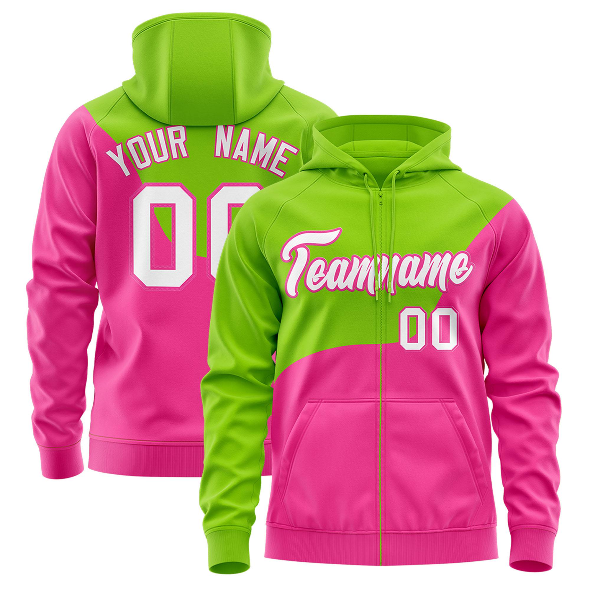 Custom Neon Green Pink Color Block Varsity Full-Zip Letterman Wave Hoodie Jacket