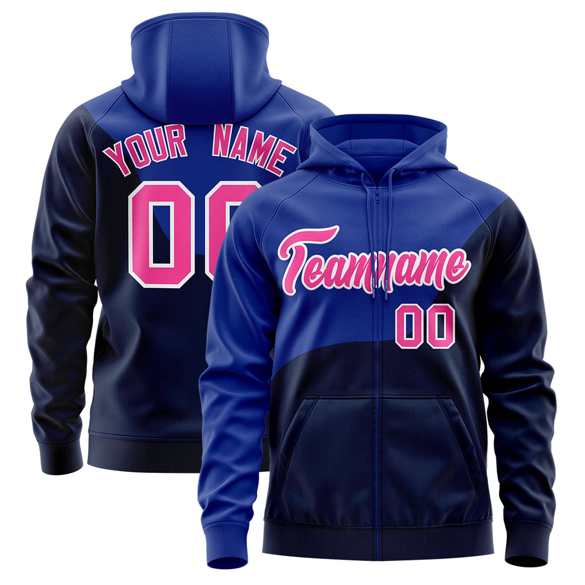 Custom Royal Blue Navy Color Block Varsity Full-Zip Letterman Wave Hoodie Jacket