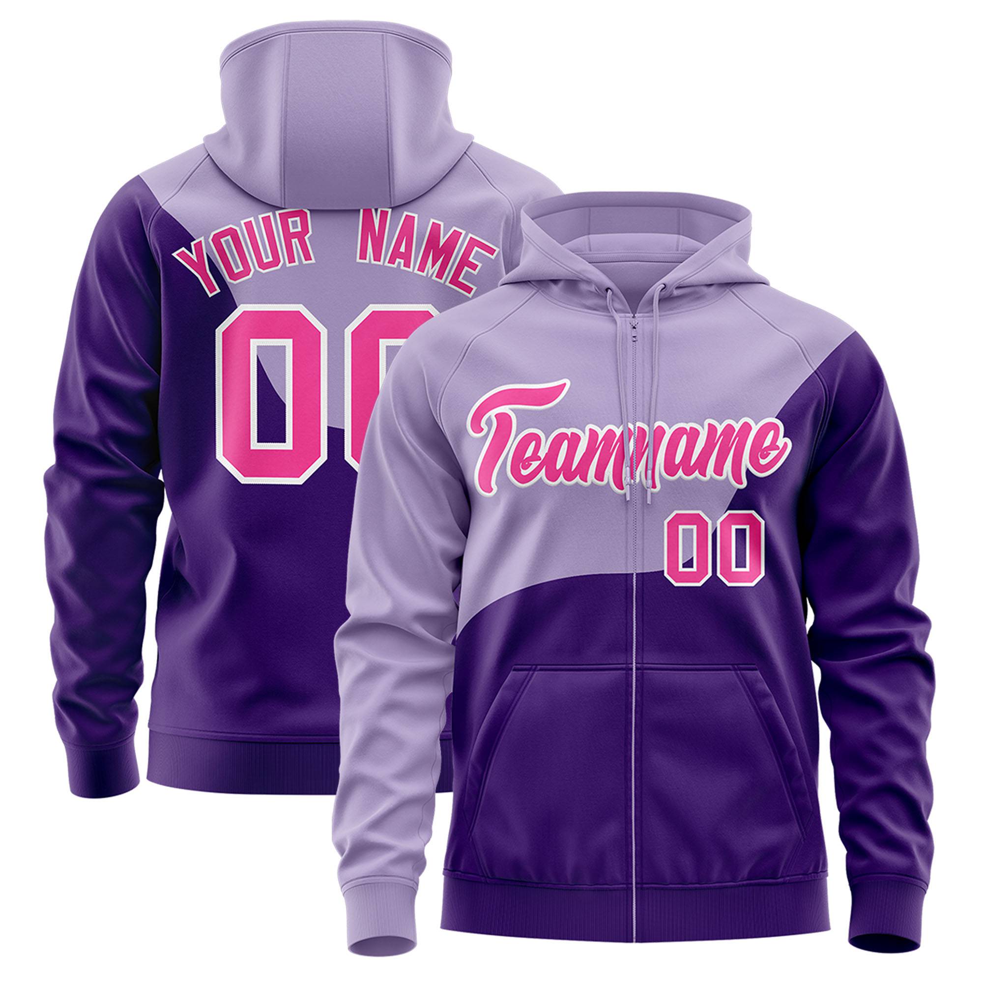 Custom Light Purple Purple Color Block Varsity Full-Zip Letterman Wave Hoodie Jacket