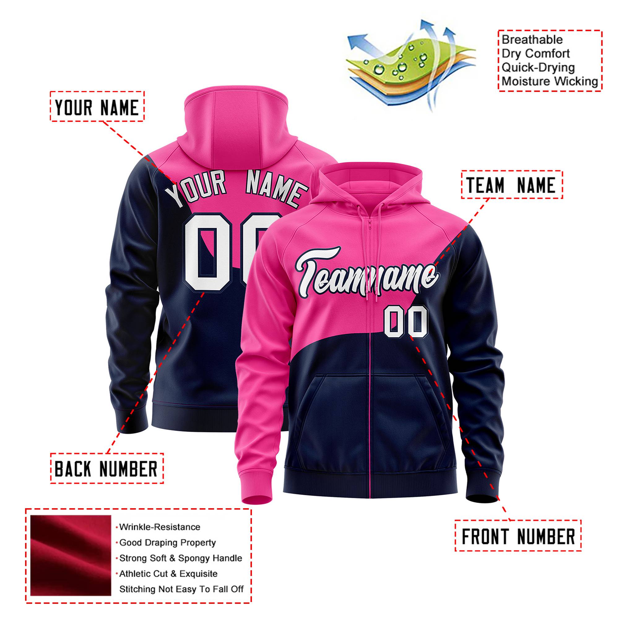 Custom Pink Navy Color Block Varsity Full-Zip Letterman Wave Hoodie Jacket