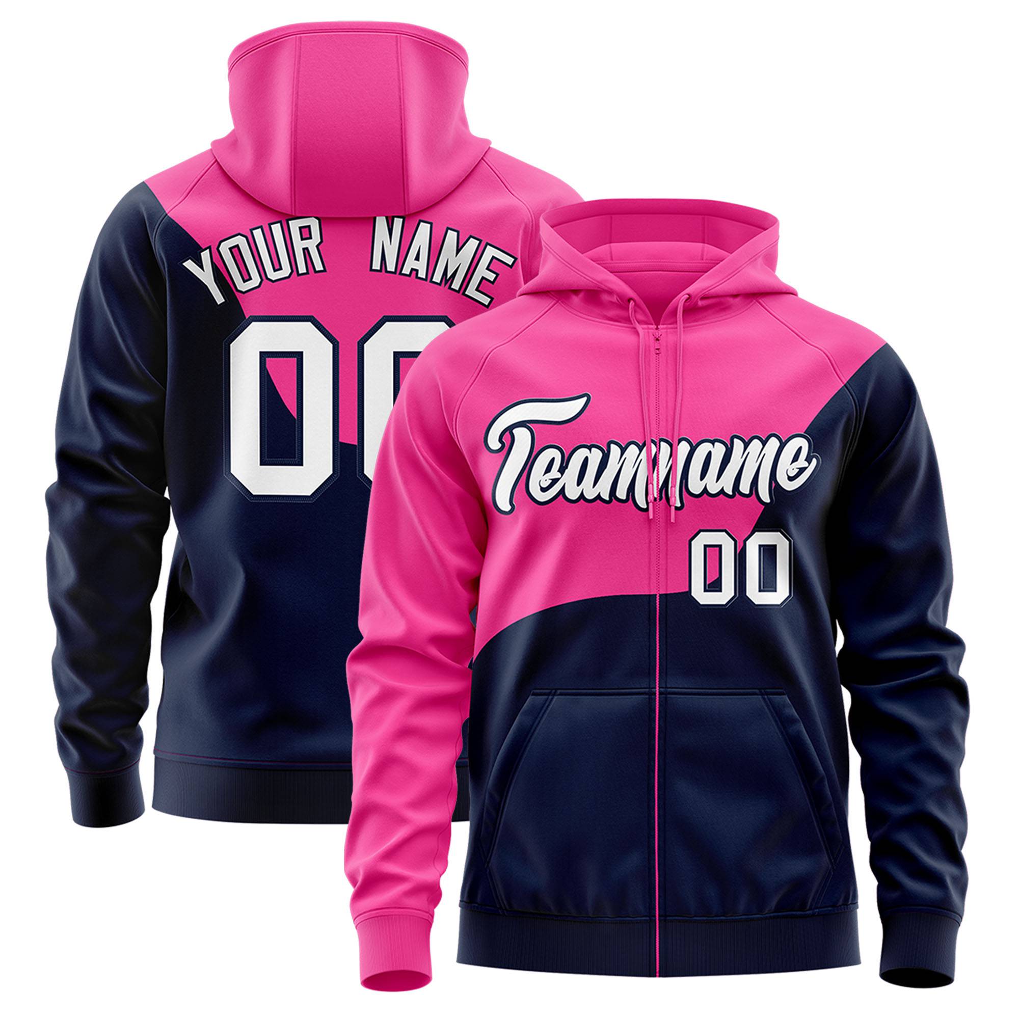 Custom Pink Navy Color Block Varsity Full-Zip Letterman Wave Hoodie Jacket