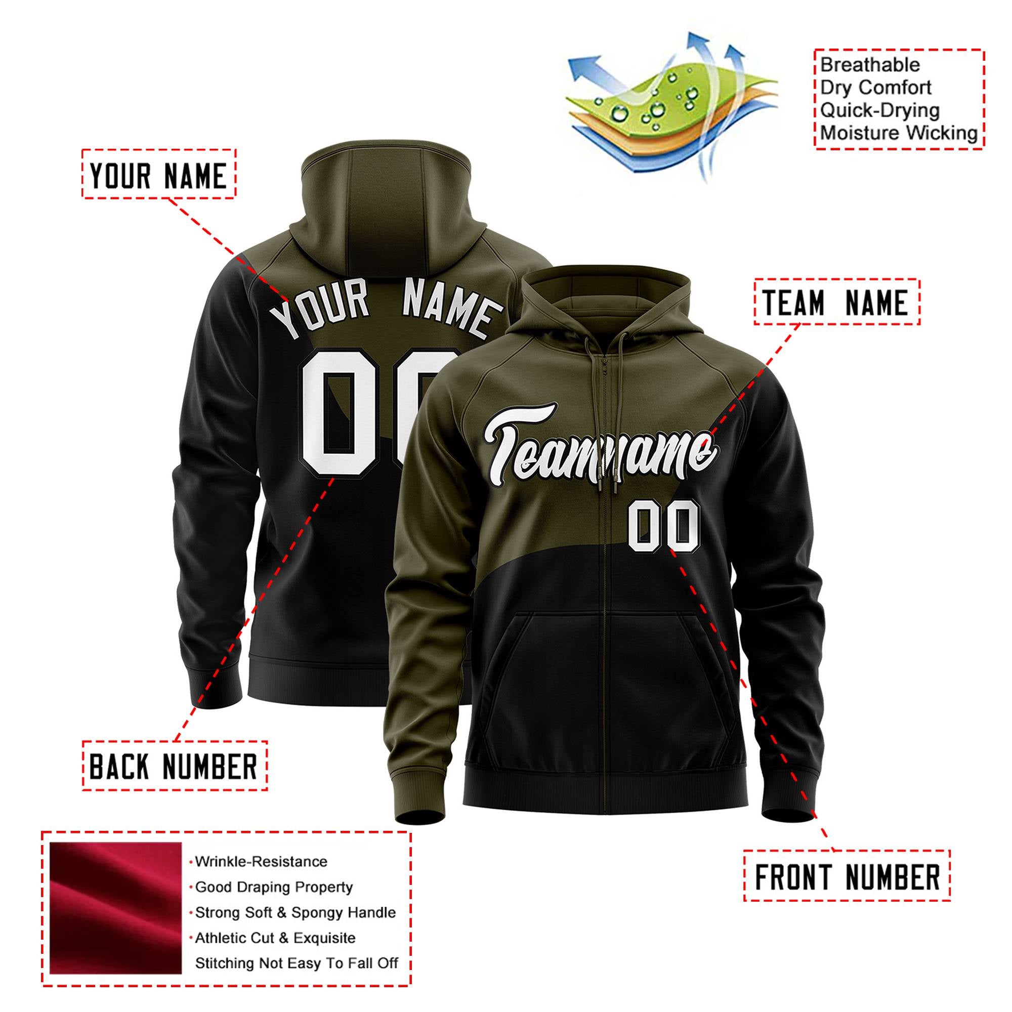 Custom Olive Black Color Block Varsity Full-Zip Letterman Wave Hoodie Jacket