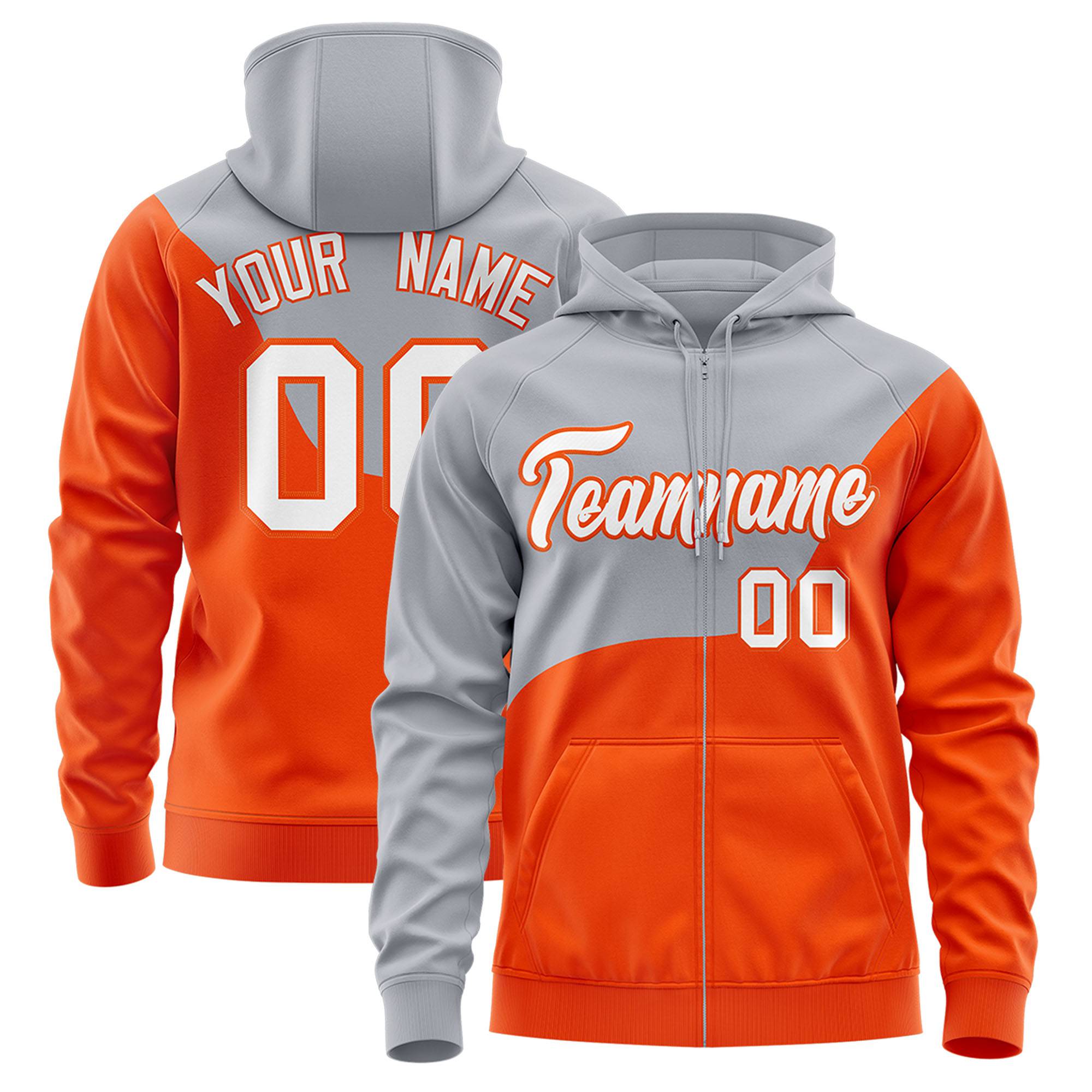 Custom Gray Orange Color Block Varsity Full-Zip Letterman Wave Hoodie Jacket