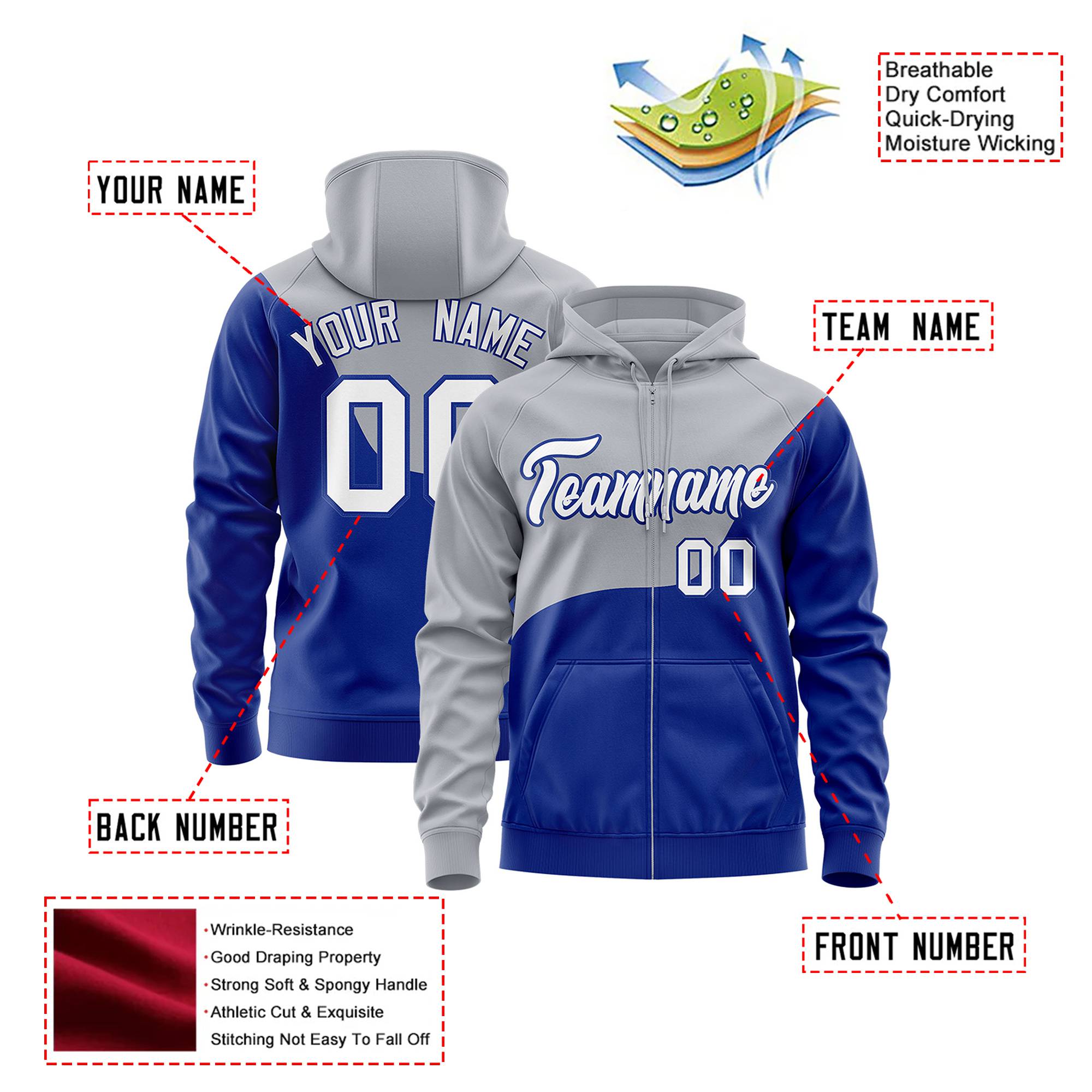 Custom Gray Royal Blue Color Block Varsity Full-Zip Letterman Wave Hoodie Jacket