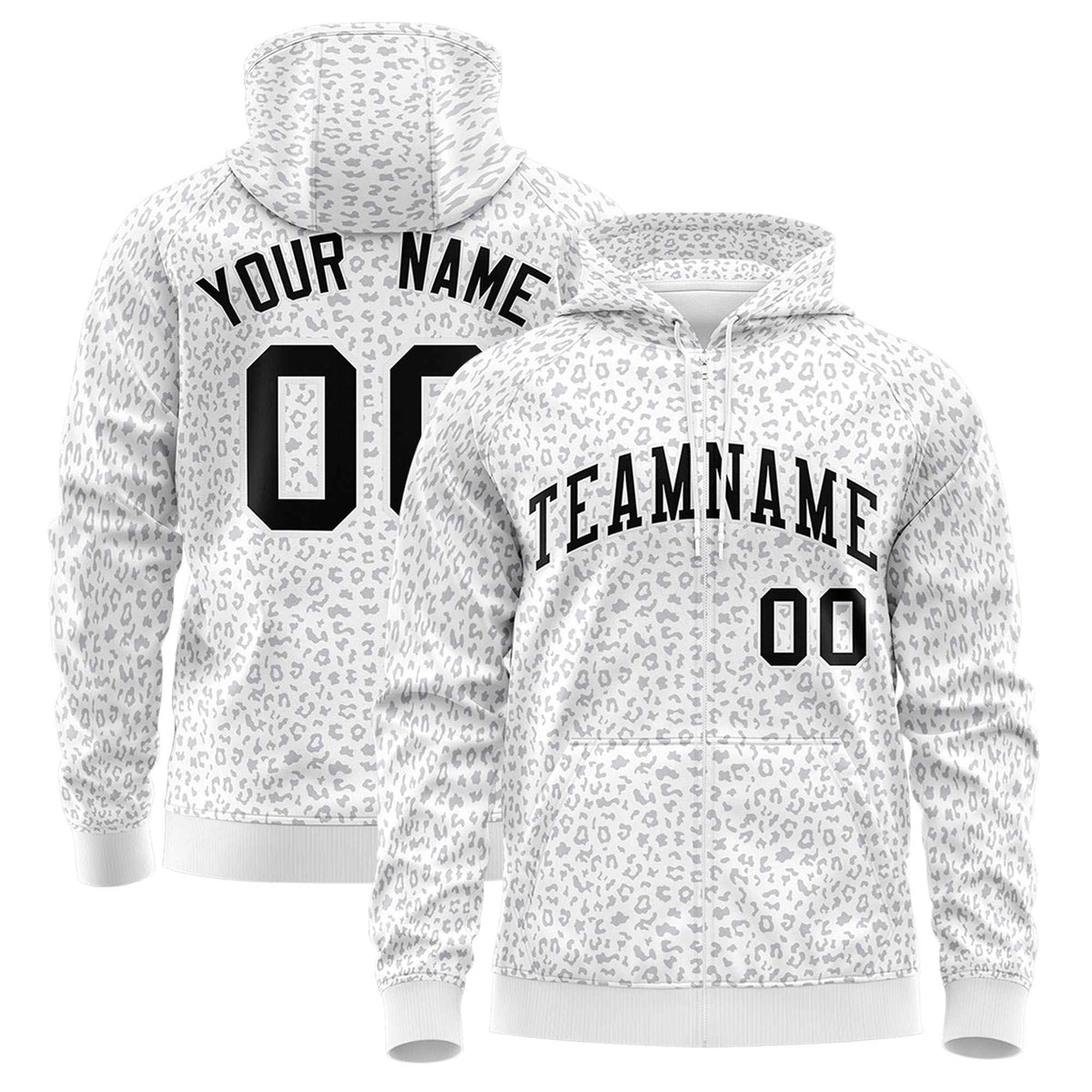 Custom White Gray Varsity Full-Zip Letterman Leopard Print Hoodie Jacket