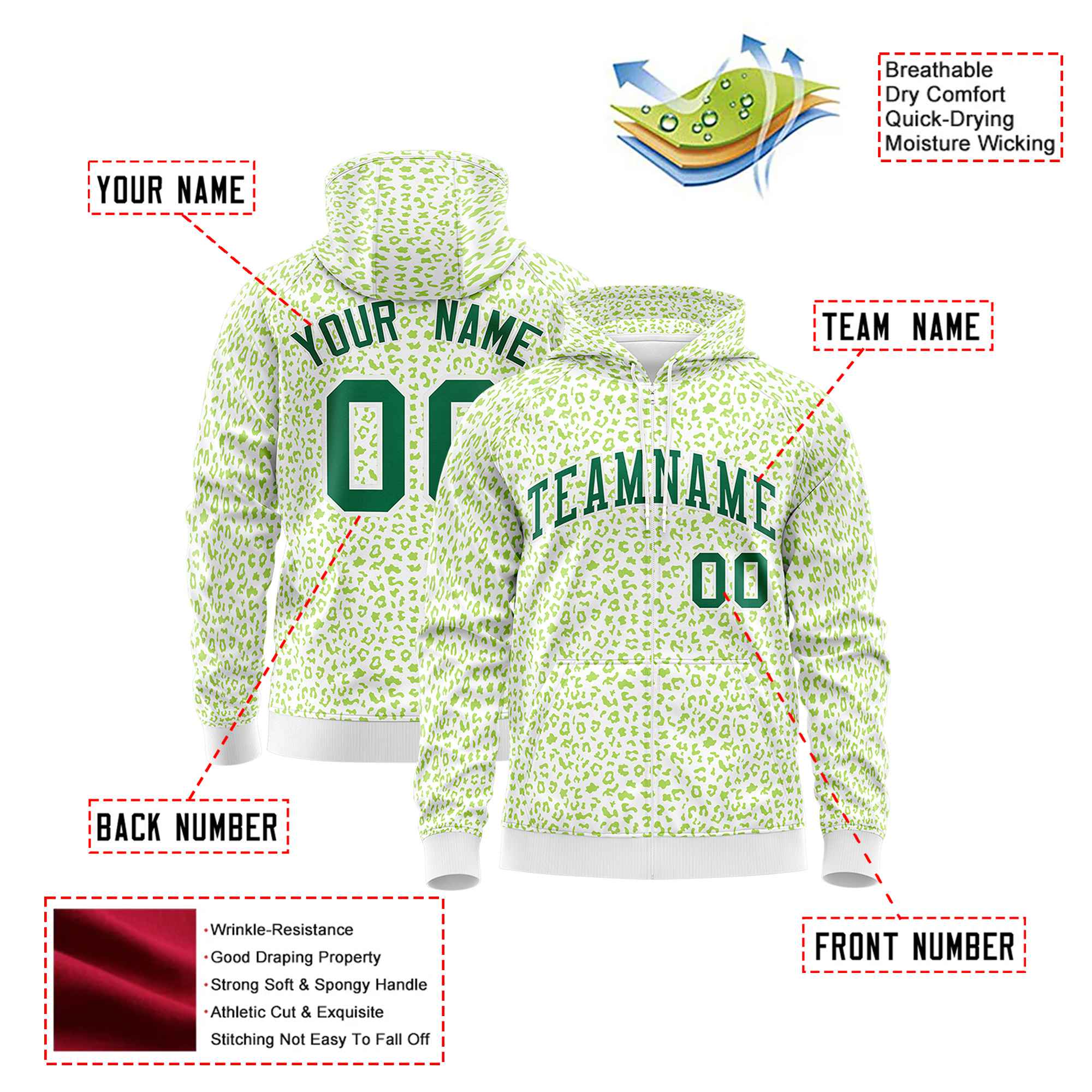 Custom White Neon Green Varsity Full-Zip Letterman Leopard Print Hoodie Jacket