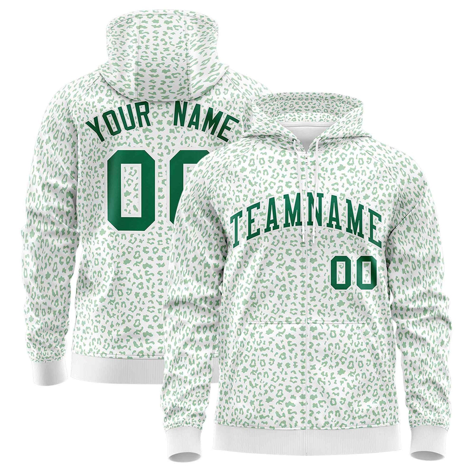 Custom White Kelly Green Varsity Full-Zip Letterman Leopard Print Hoodie Jacket