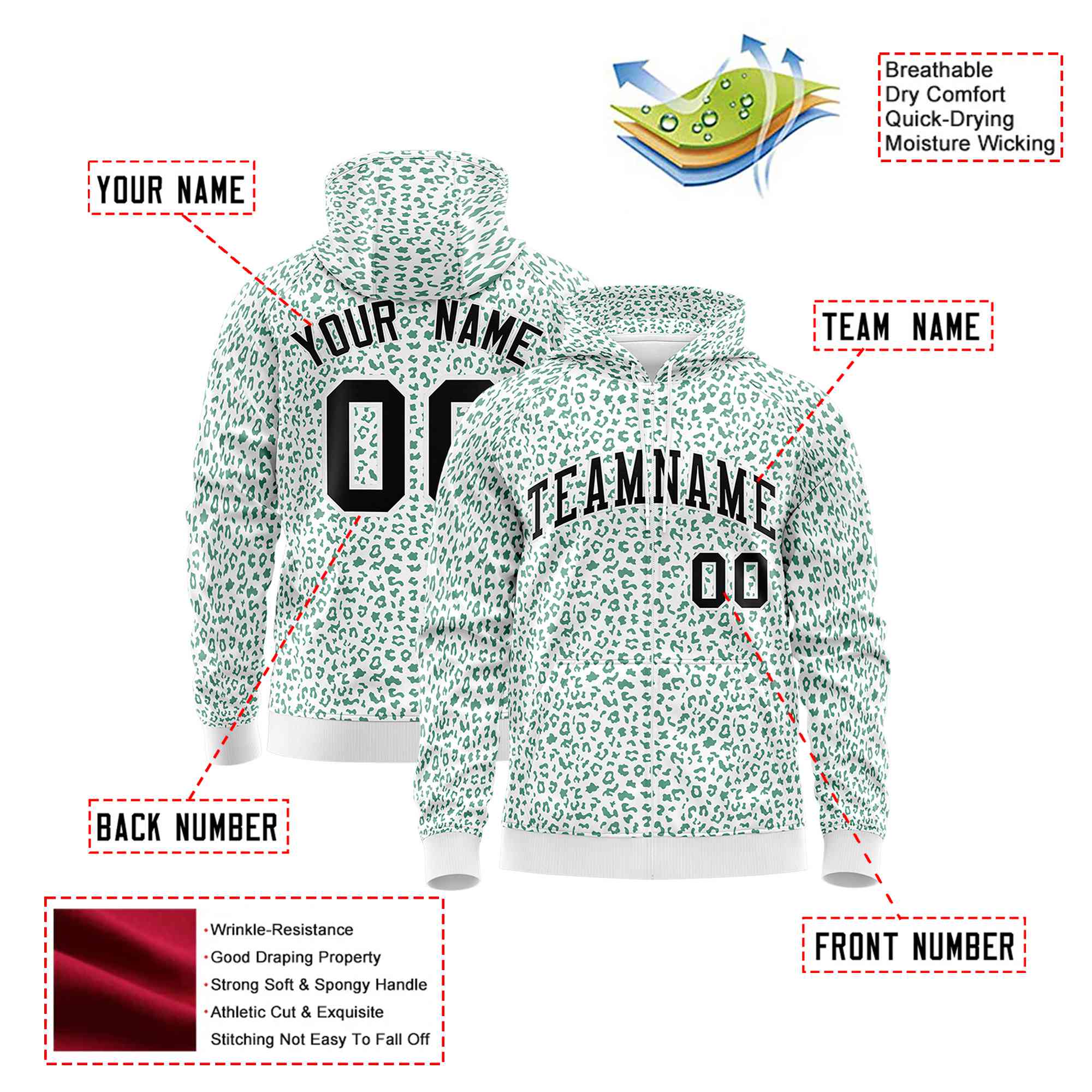 Custom White Green Varsity Full-Zip Letterman Leopard Print Hoodie Jacket