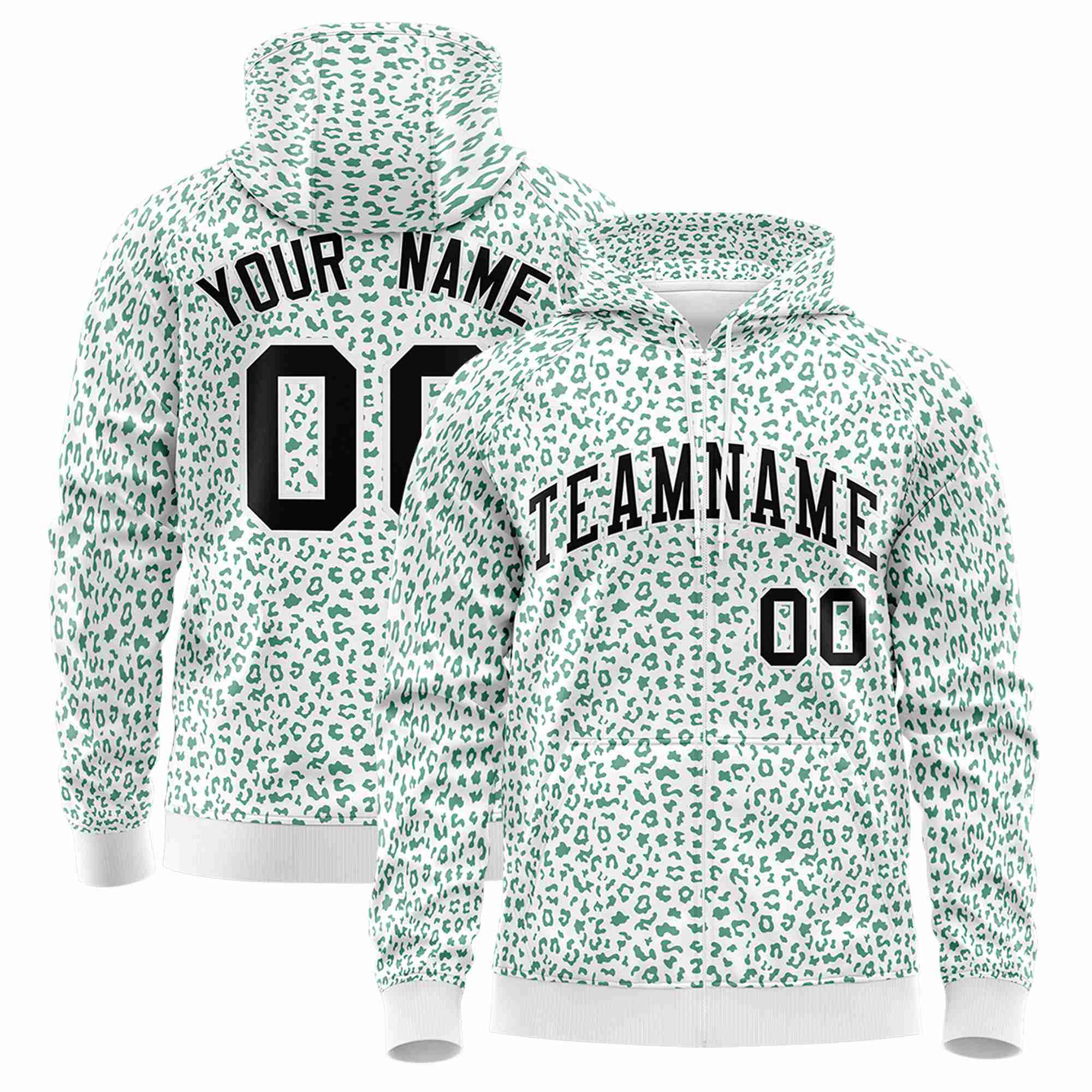 Custom White Green Varsity Full-Zip Letterman Leopard Print Hoodie Jacket