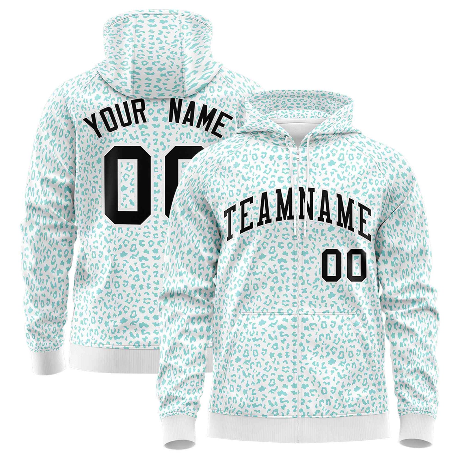 Custom White Aqua Varsity Full-Zip Letterman Leopard Print Hoodie Jacket