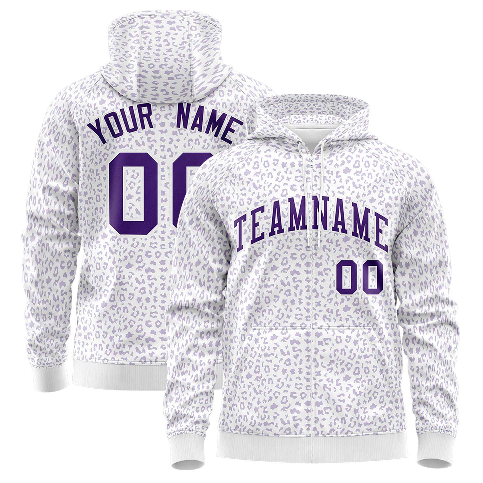 Custom White Purple Varsity Full-Zip Letterman Leopard Print Hoodie Jacket