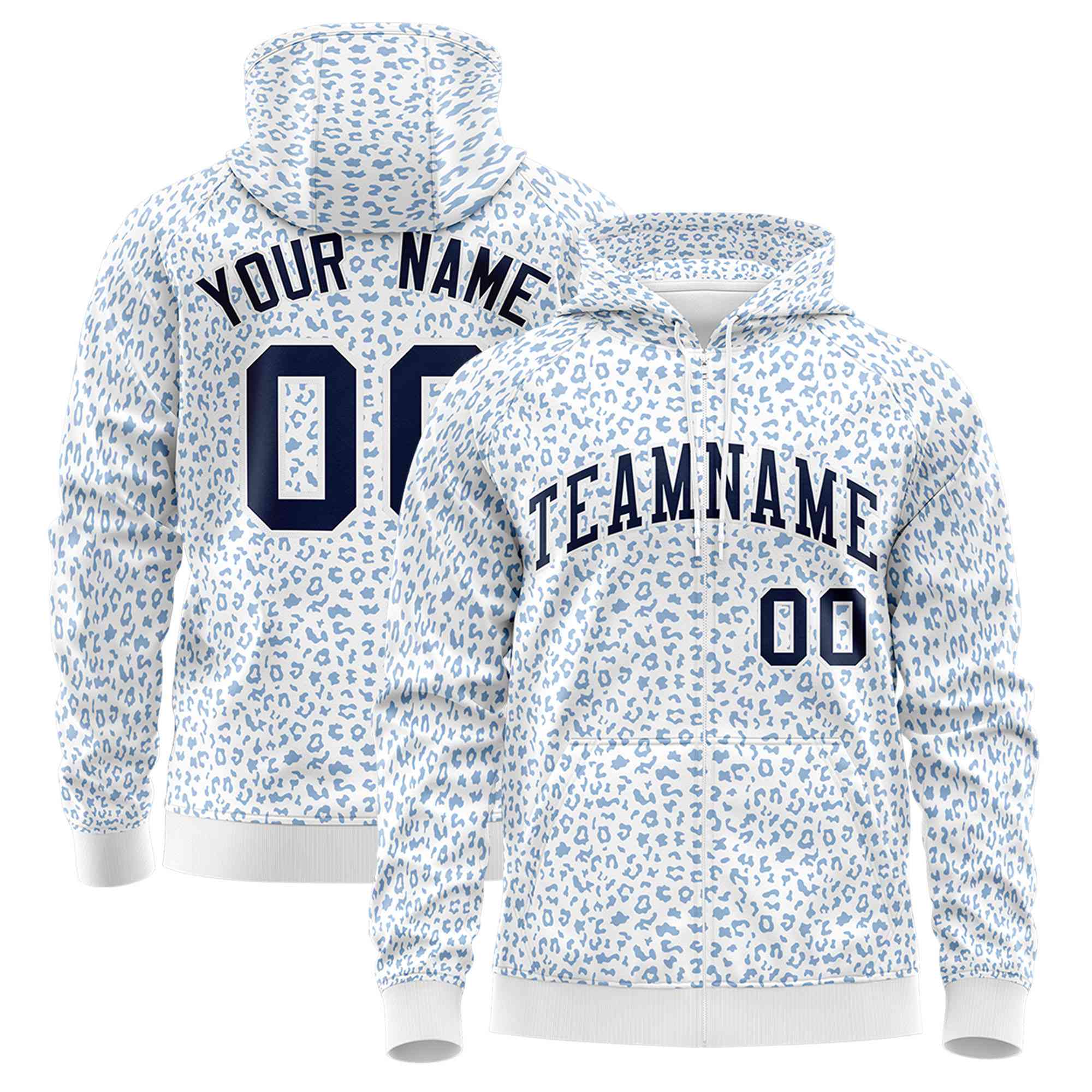 Custom White Navy Varsity Full-Zip Letterman Leopard Print Hoodie Jacket