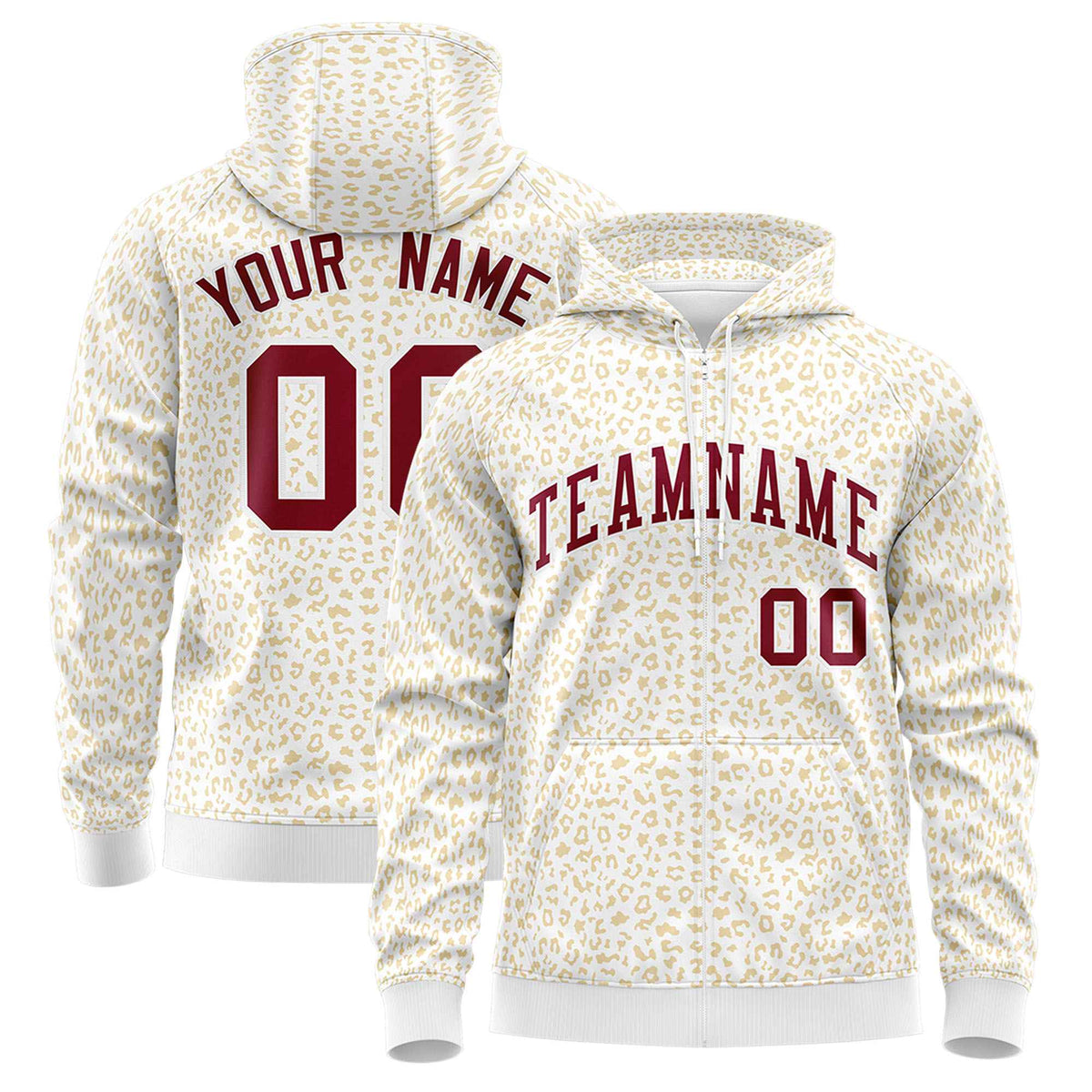 Custom White Khaki Varsity Full-Zip Letterman Leopard Print Hoodie Jacket