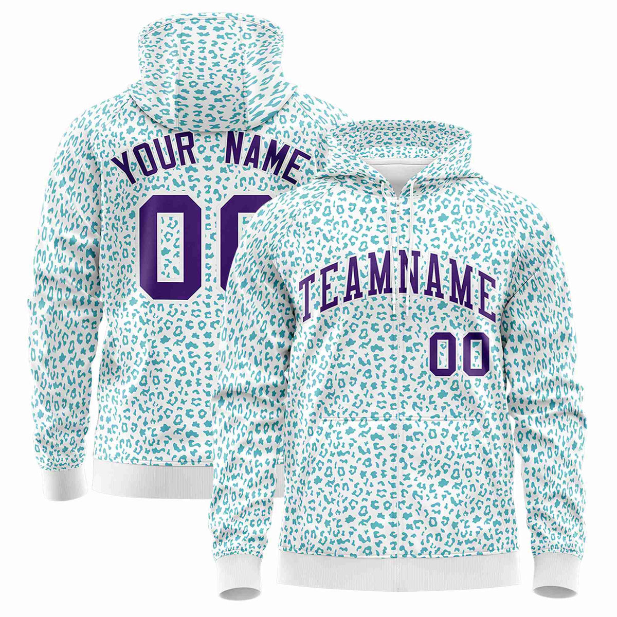 Custom White Aqua Varsity Full-Zip Letterman Leopard Print Hoodie Jacket