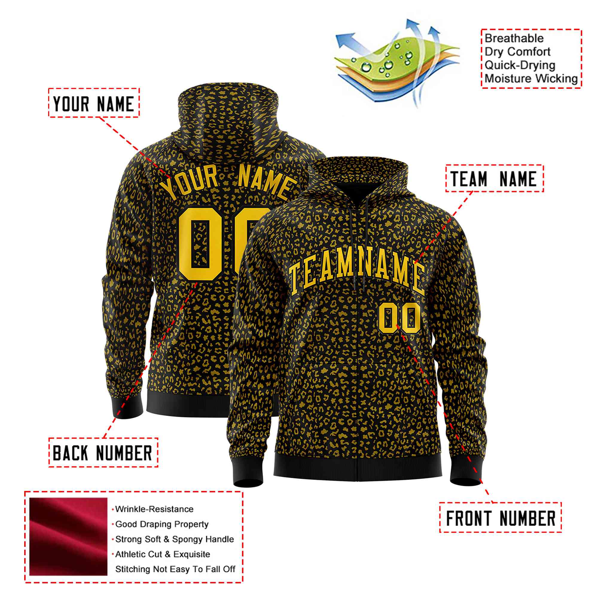 Custom Black Gold Varsity Full-Zip Letterman Leopard Print Hoodie Jacket