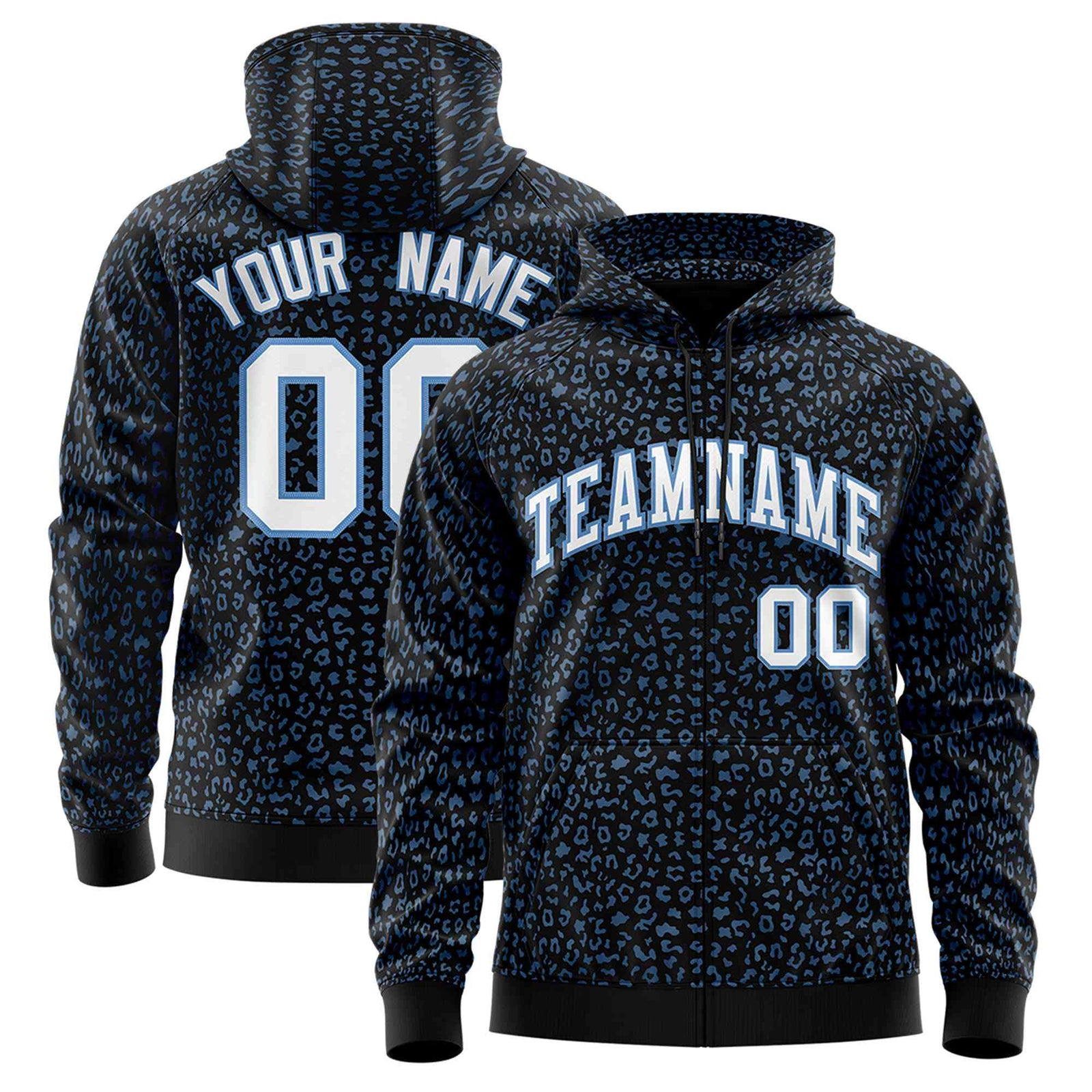 Custom Black Powder Blue Varsity Full-Zip Letterman Leopard Print Hoodie Jacket