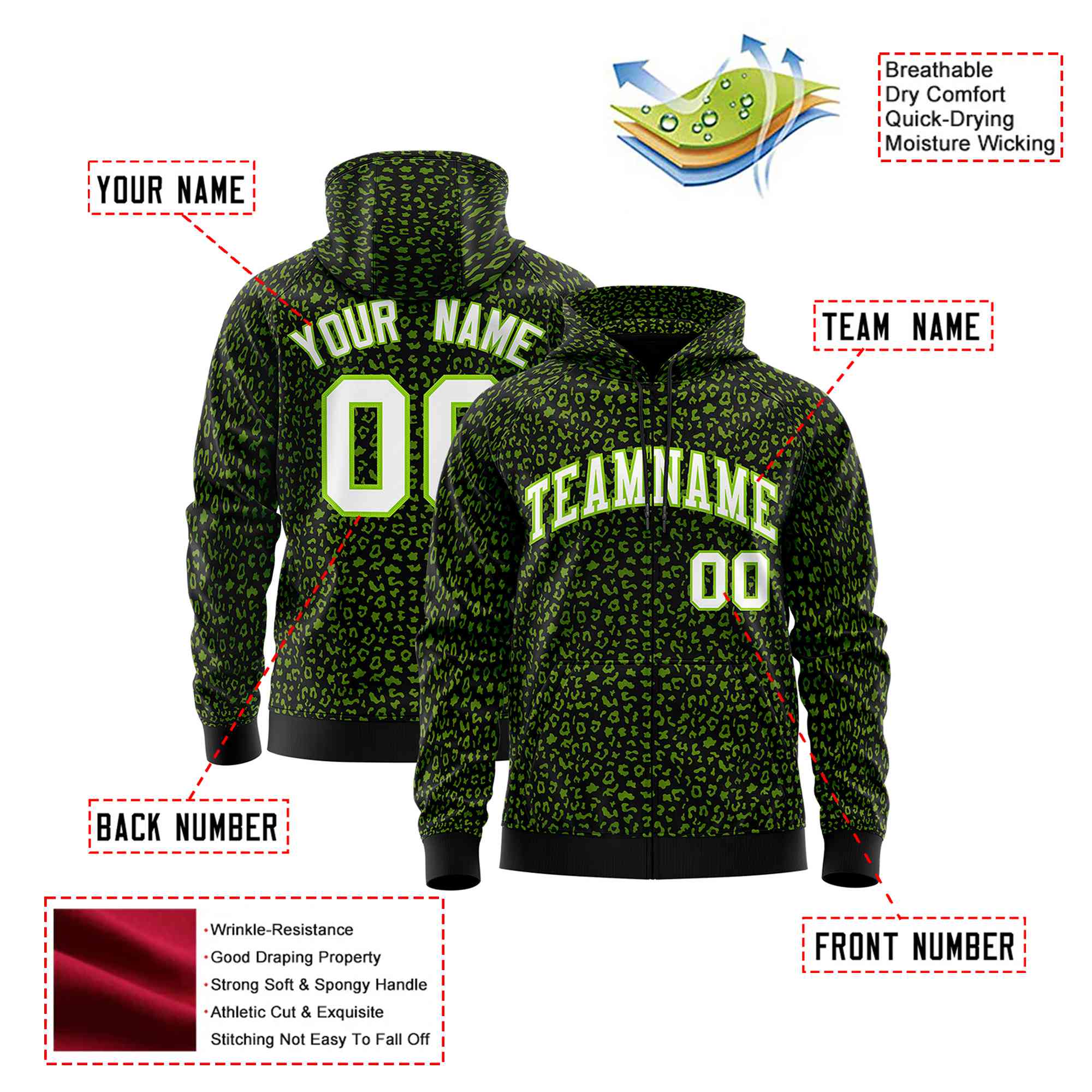 Custom Black Neon Green Varsity Full-Zip Letterman Leopard Print Hoodie Jacket