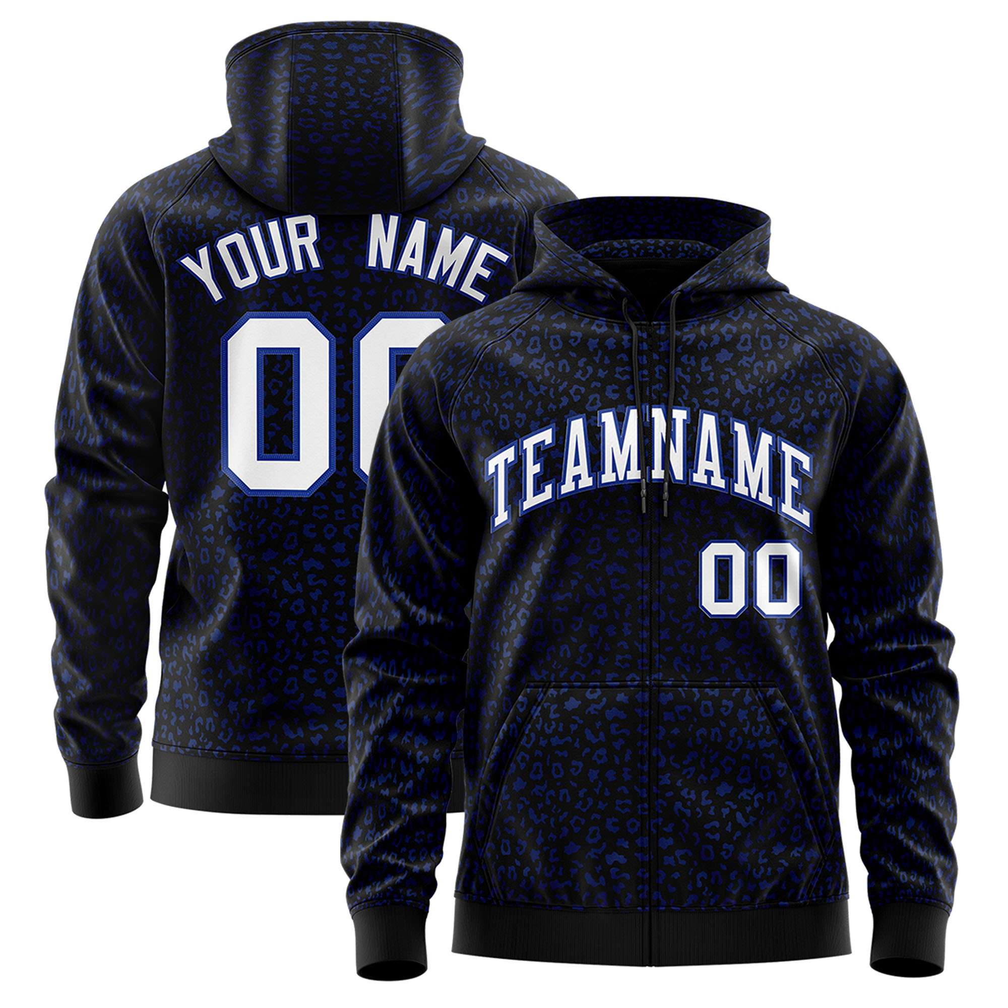 Custom Black Royal Blue Varsity Full-Zip Letterman Leopard Print Hoodie Jacket