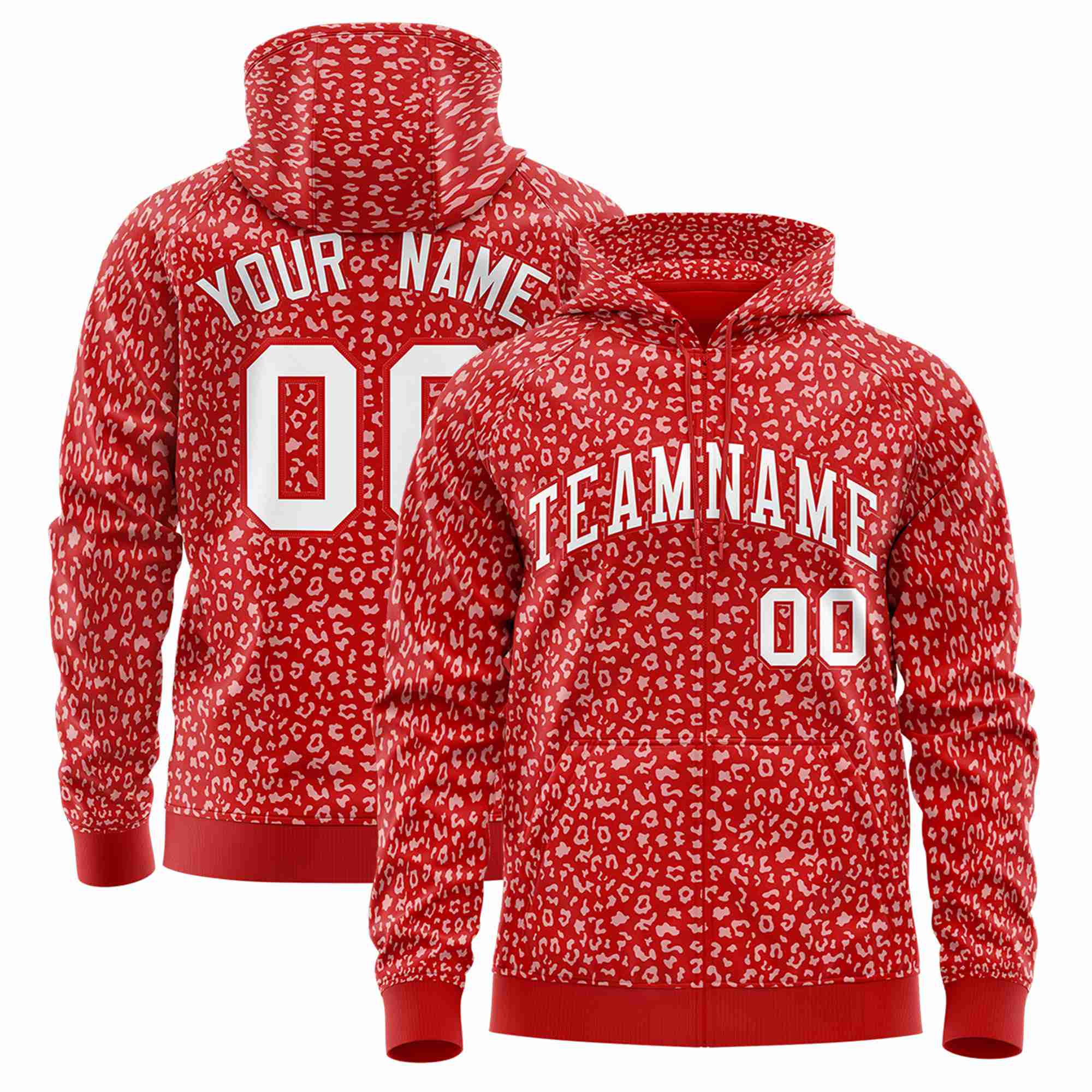 Custom Red White Varsity Full-Zip Letterman Leopard Print Hoodie Jacket