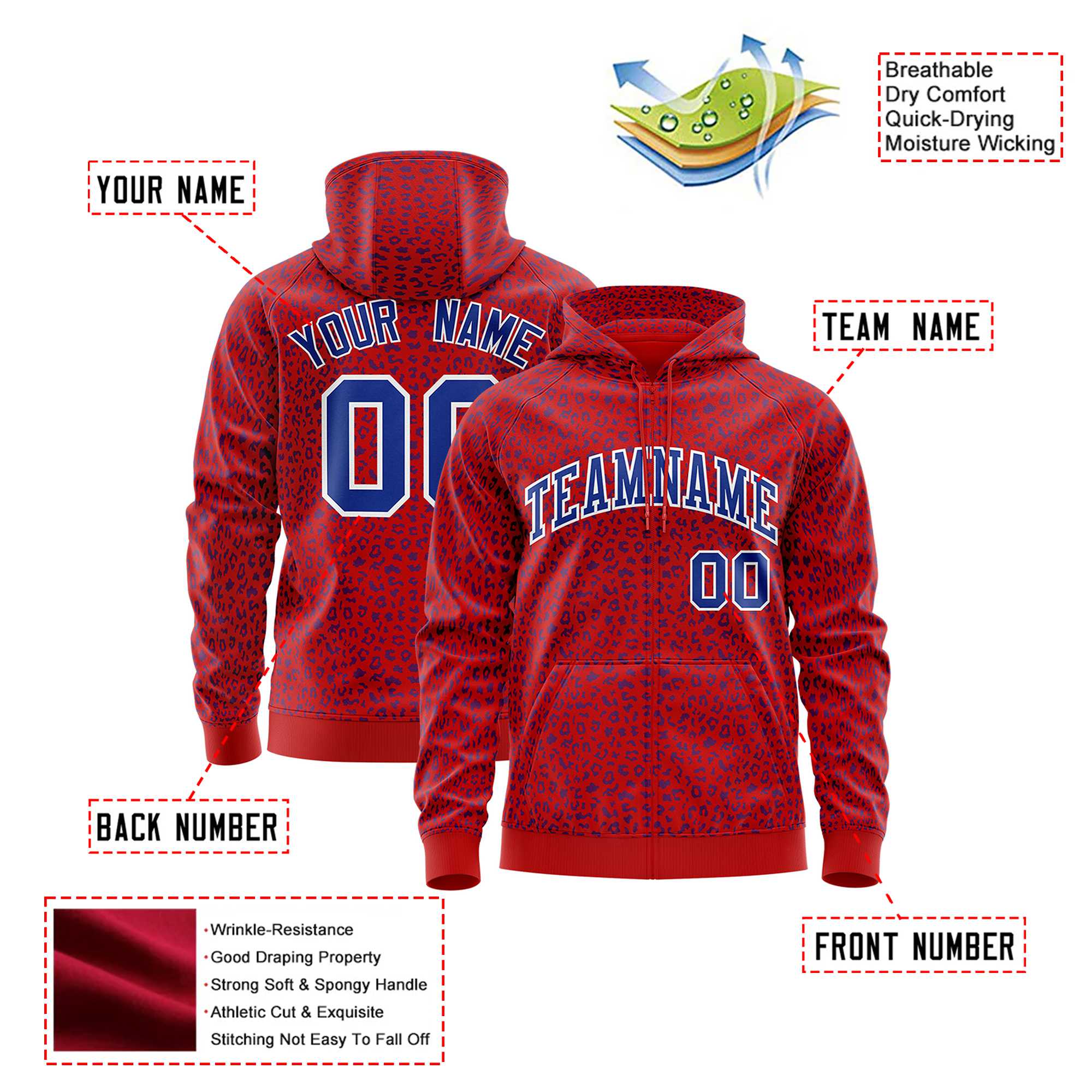 Custom Red Royal Blue Varsity Full-Zip Letterman Leopard Print Hoodie Jacket