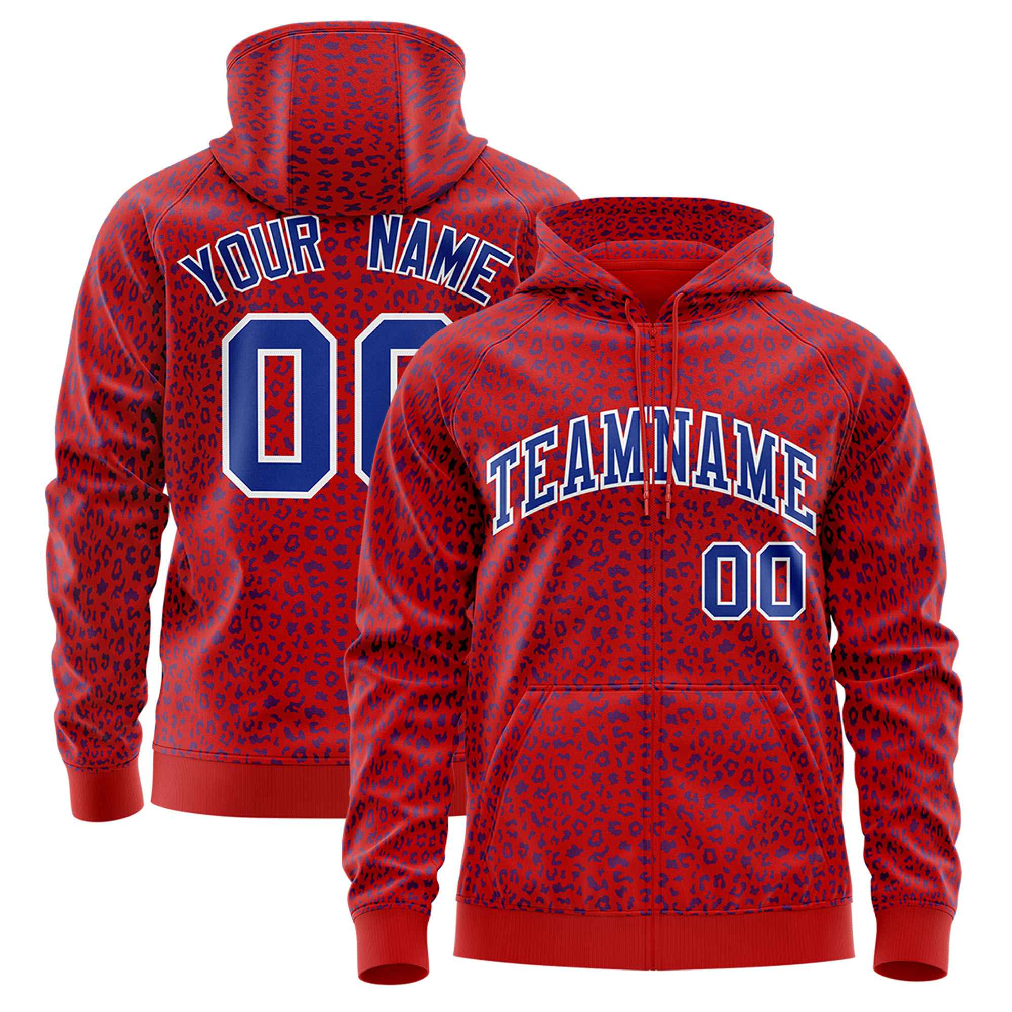 Custom Red Royal Blue Varsity Full-Zip Letterman Leopard Print Hoodie Jacket