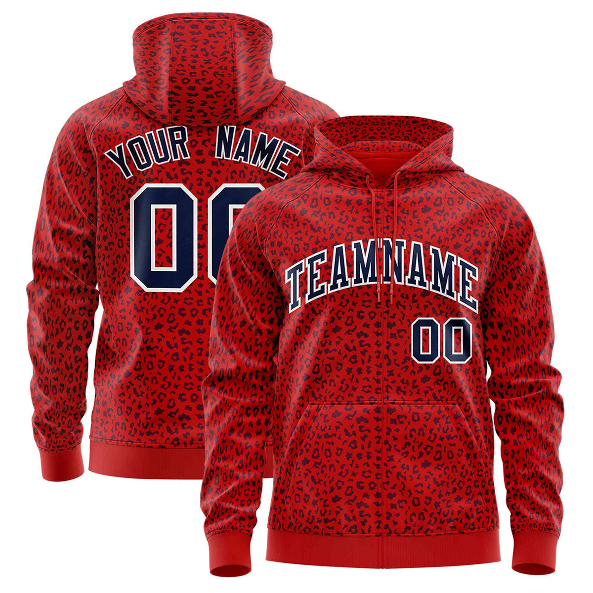 Custom Red Navy Varsity Full-Zip Letterman Leopard Print Hoodie Jacket