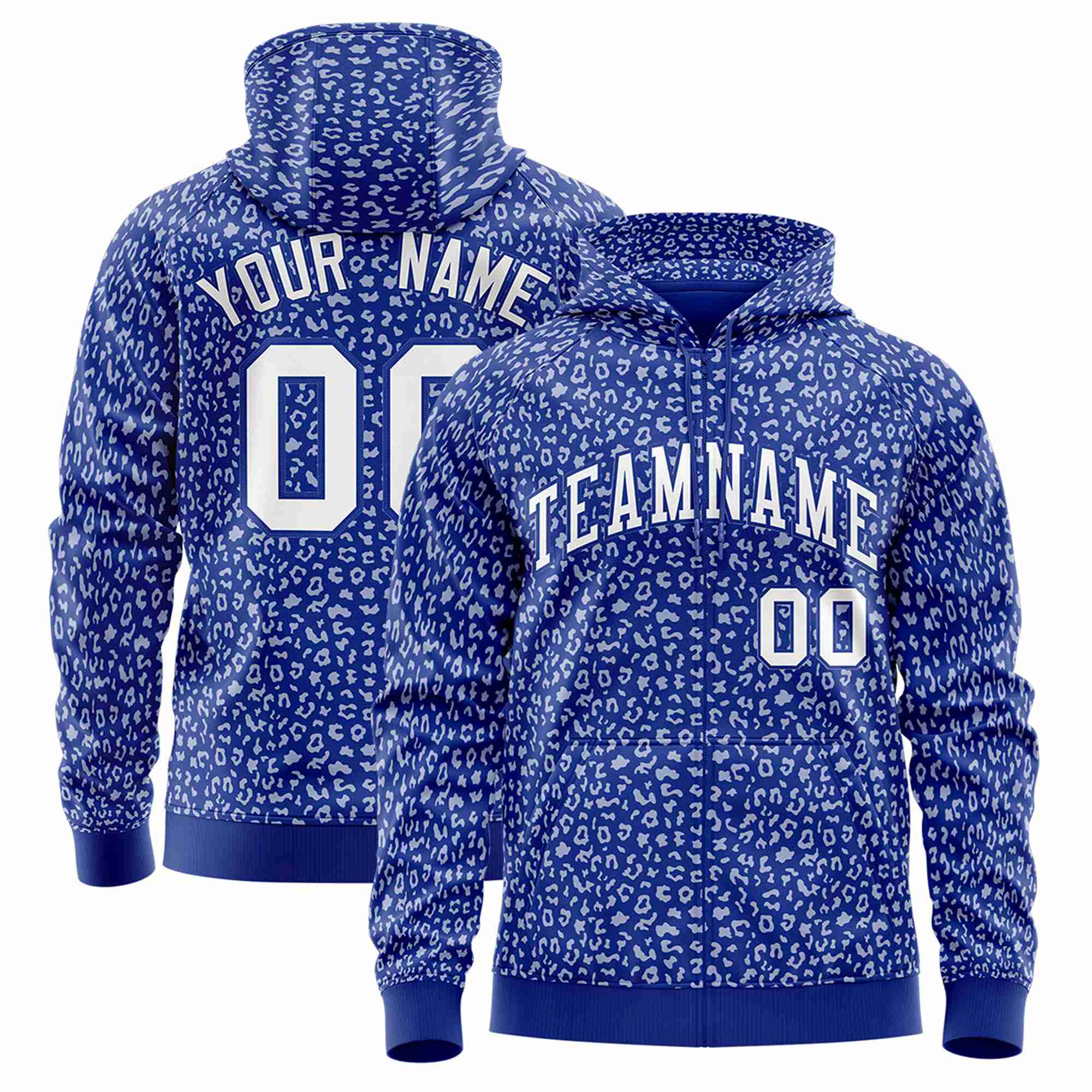 Custom Royal Blue White Varsity Full-Zip Letterman Leopard Print Hoodie Jacket