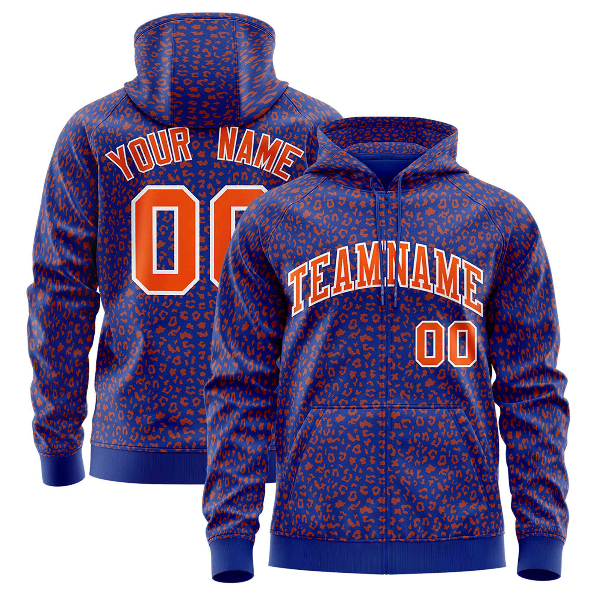 Custom Royal Blue Orange Varsity Full-Zip Letterman Leopard Print Hoodie Jacket