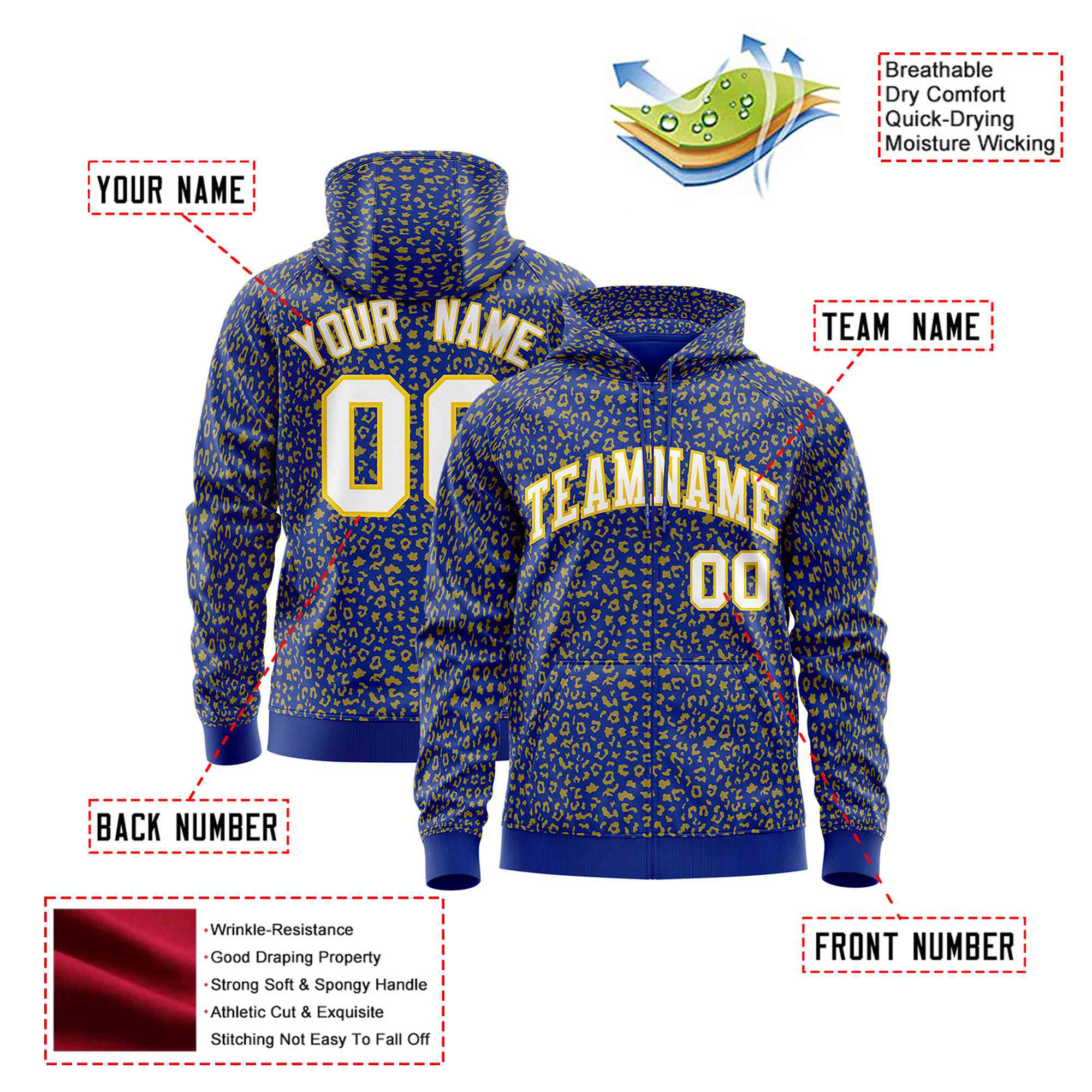 Custom Royal Blue Gold Varsity Full-Zip Letterman Leopard Print Hoodie Jacket