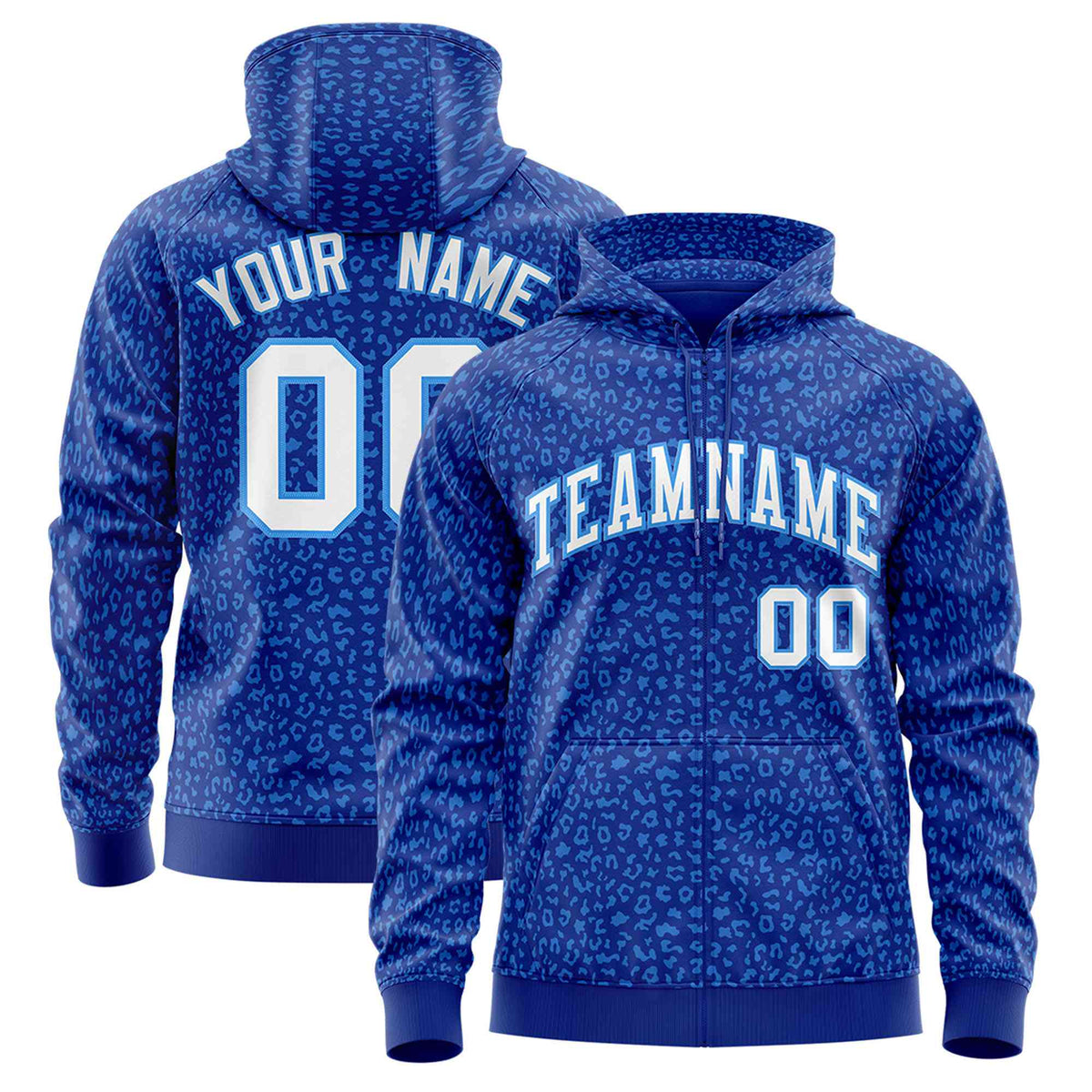 Custom Royal Blue Powder Blue Varsity Full-Zip Letterman Leopard Print Hoodie Jacket