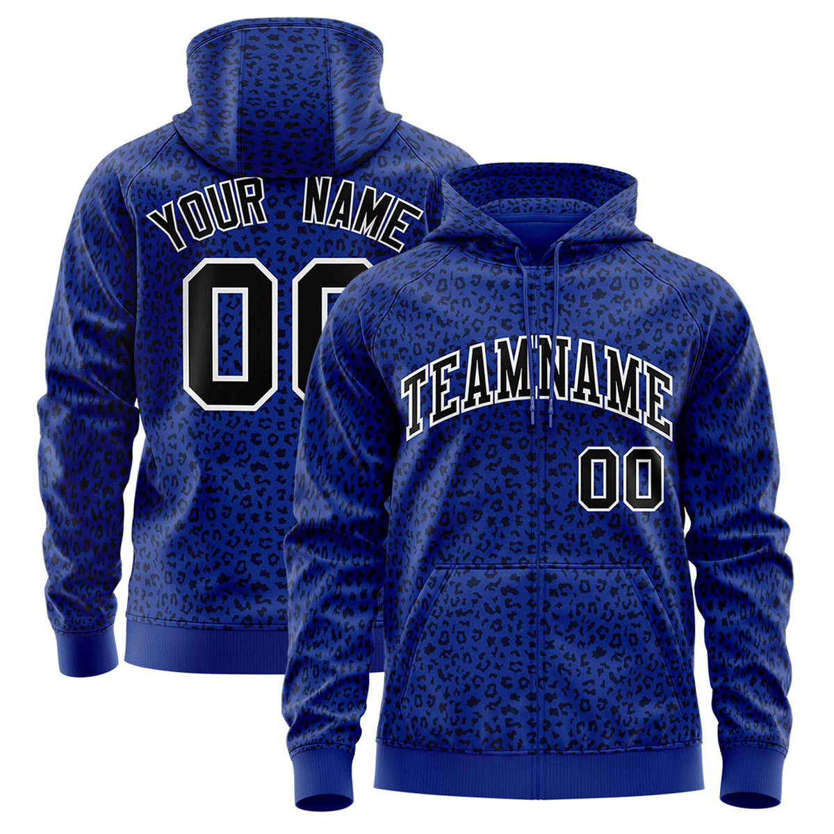 Custom Royal Blue Black Varsity Full-Zip Letterman Leopard Print Hoodie Jacket