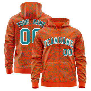 Custom Orange Aqua Varsity Full-Zip Letterman Leopard Print Hoodie Jacket - Style 1