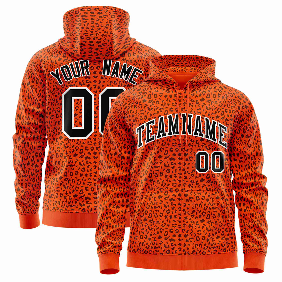 Custom Orange Black Varsity Full-Zip Letterman Leopard Print Hoodie Jacket