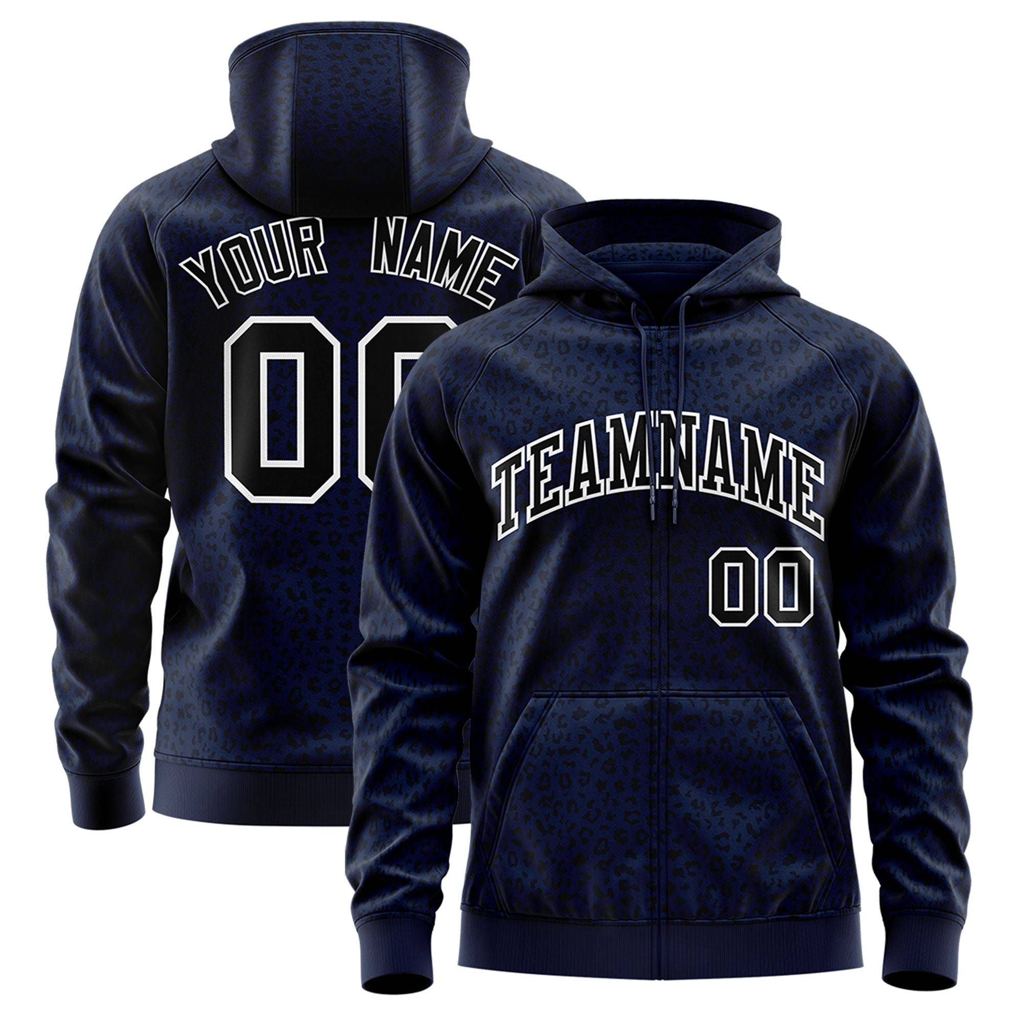 Custom Navy Black Varsity Full-Zip Letterman Leopard Print Hoodie Jacket