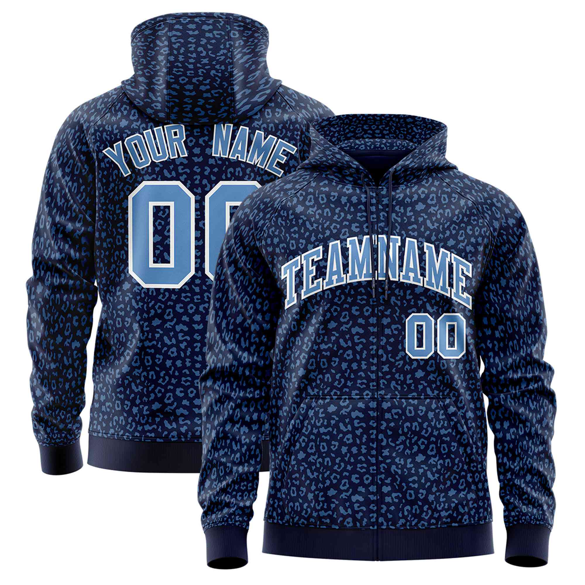 Custom Navy Light Blue Varsity Full-Zip Letterman Leopard Print Hoodie Jacket