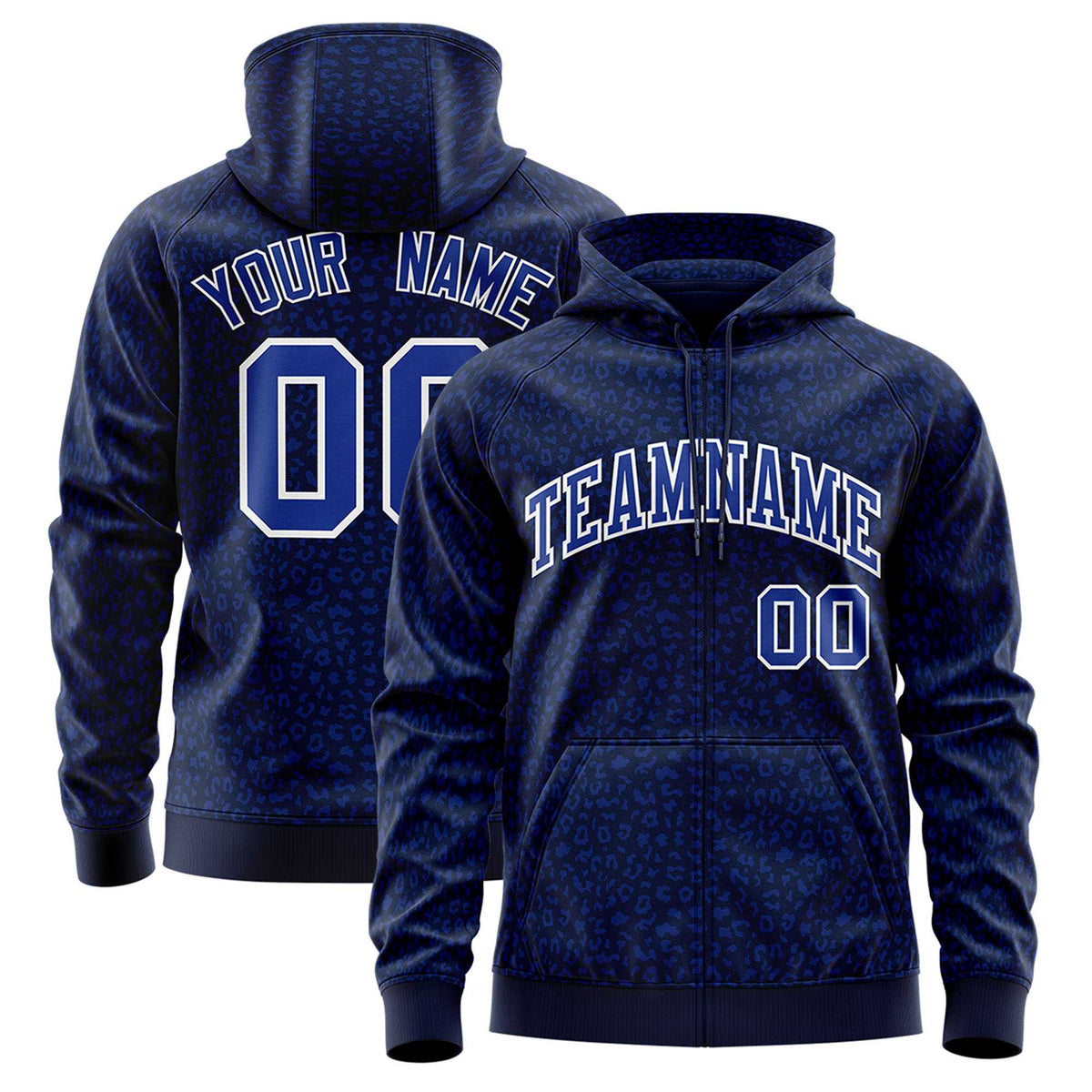 Custom Navy Royal Blue Varsity Full-Zip Letterman Leopard Print Hoodie Jacket