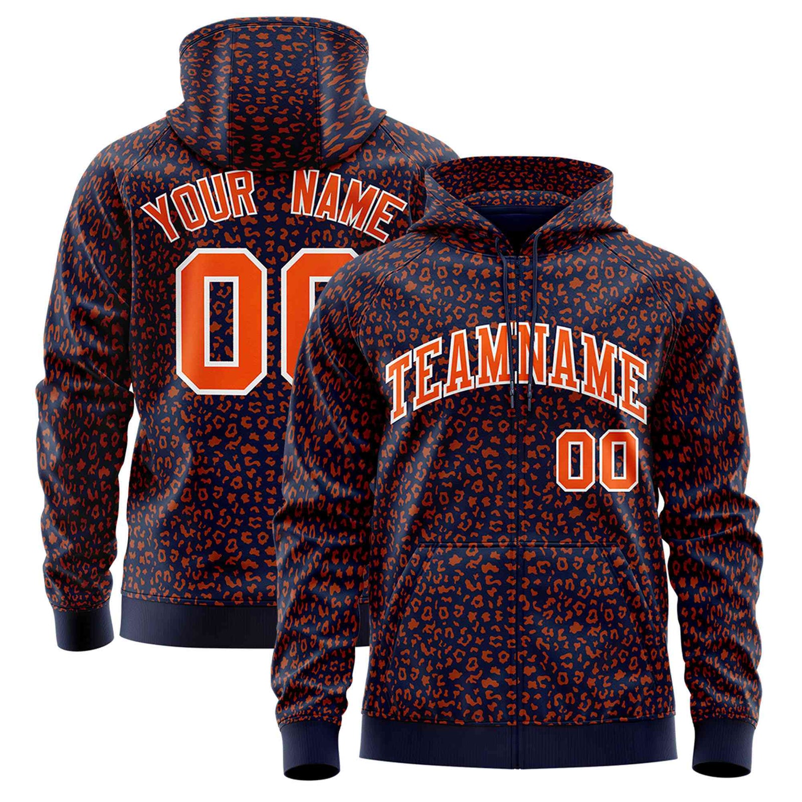 Custom Navy Orange Varsity Full-Zip Letterman Leopard Print Hoodie Jacket