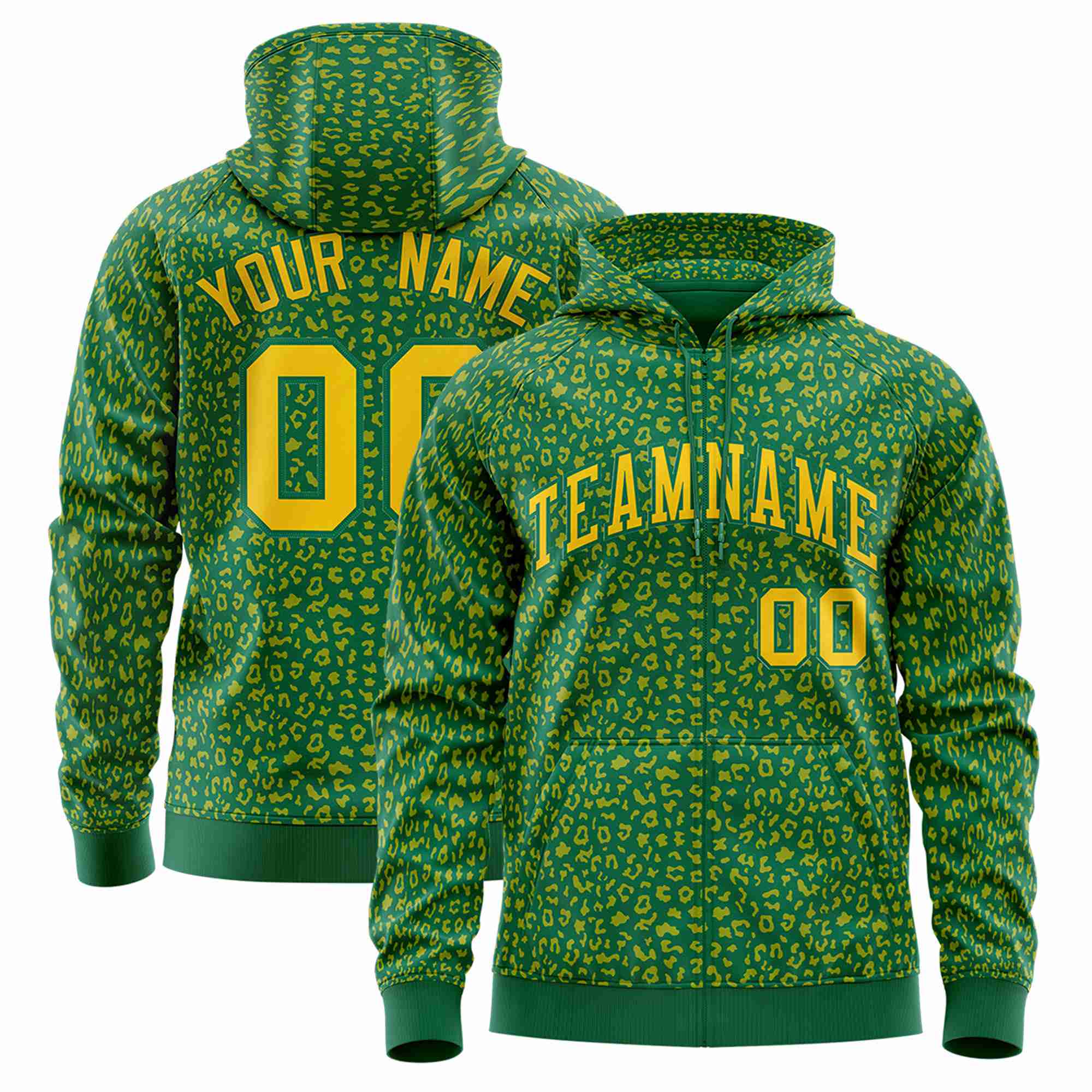 Custom Kelly Green Gold Varsity Full-Zip Letterman Leopard Print Hoodie Jacket