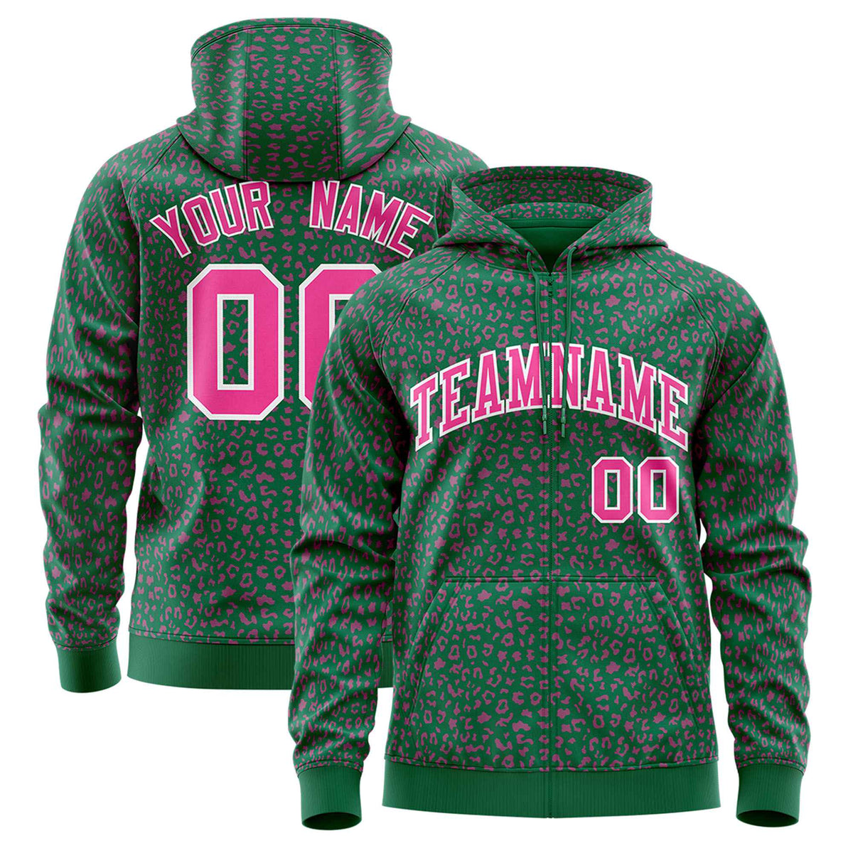 Custom Green Pink Varsity Full-Zip Letterman Leopard Print Hoodie Jacket