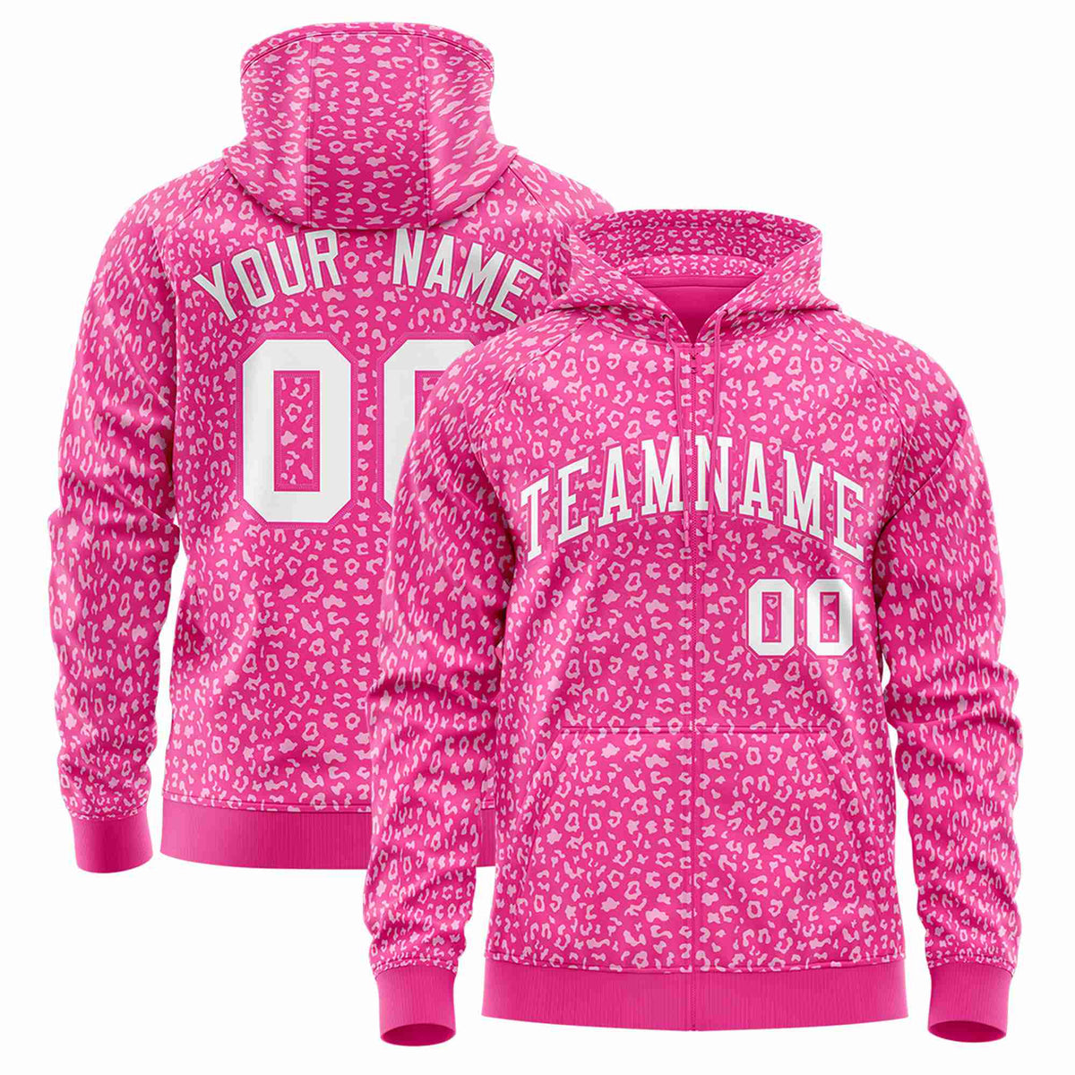 Custom Pink White Varsity Full-Zip Letterman Leopard Print Hoodie Jacket